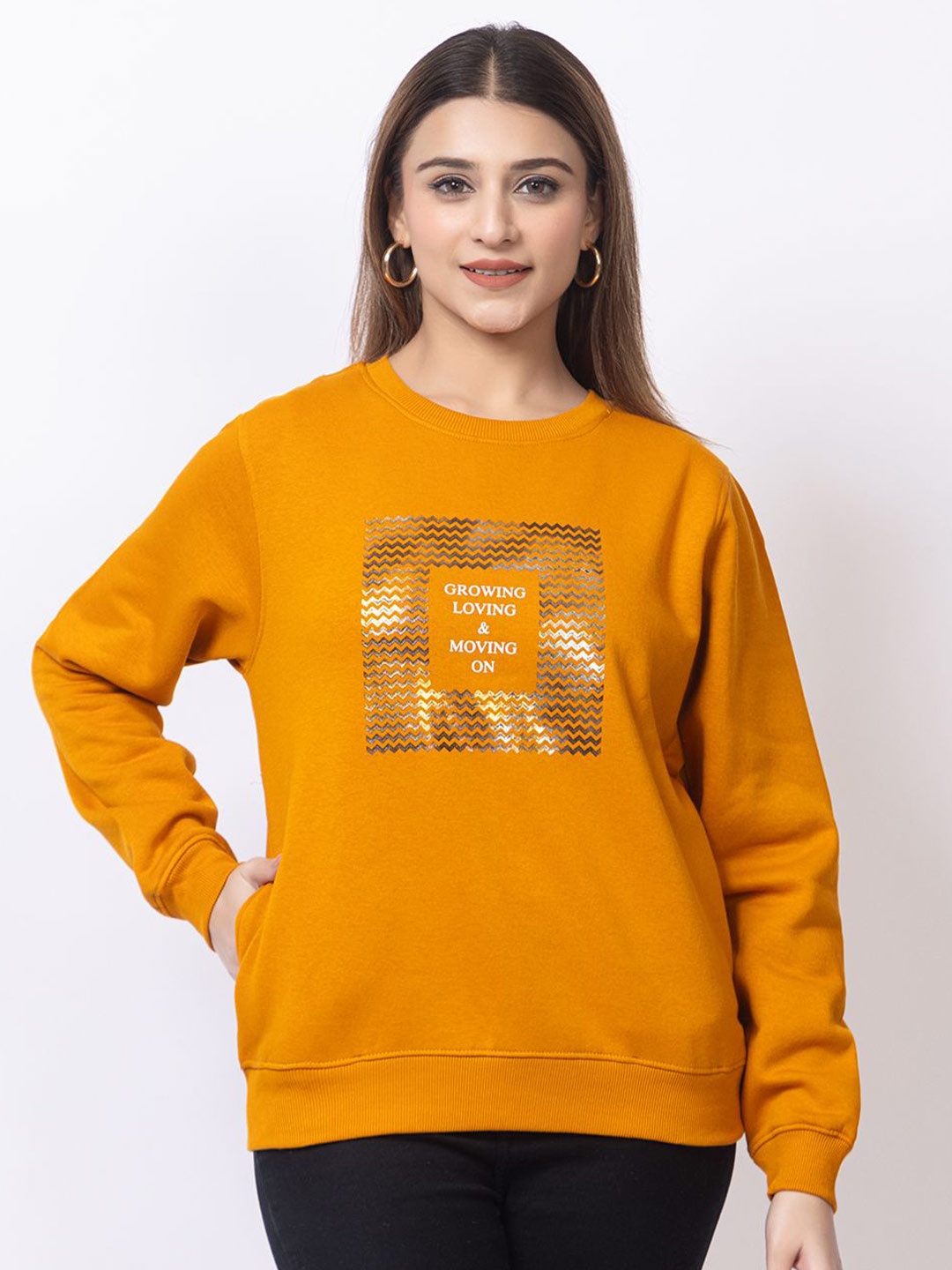

Cheribell Women Typography Printed Sweatshirt, Mustard