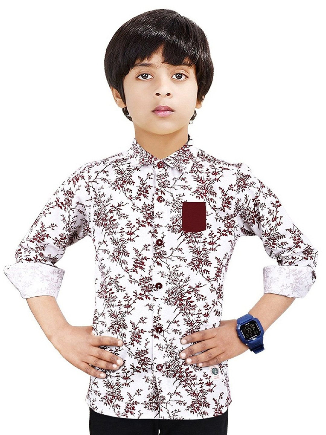 

MADE IN THE SHADE Boys Spread Collar Floral Printed Cotton Casual Shirt, White