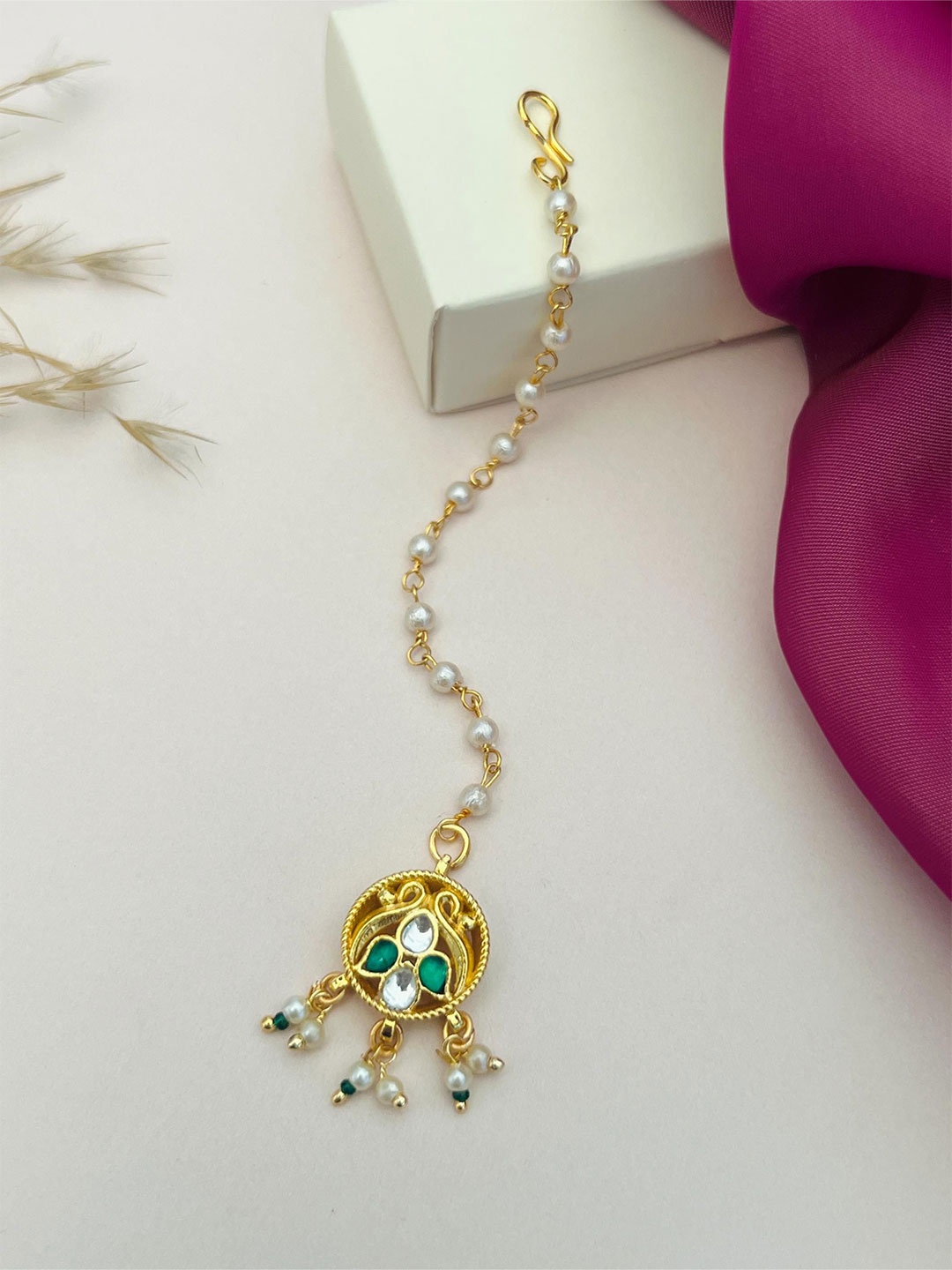 

ABDESIGNS Gold-Plated Artificial Stones and Beads Studded Maang Tikka