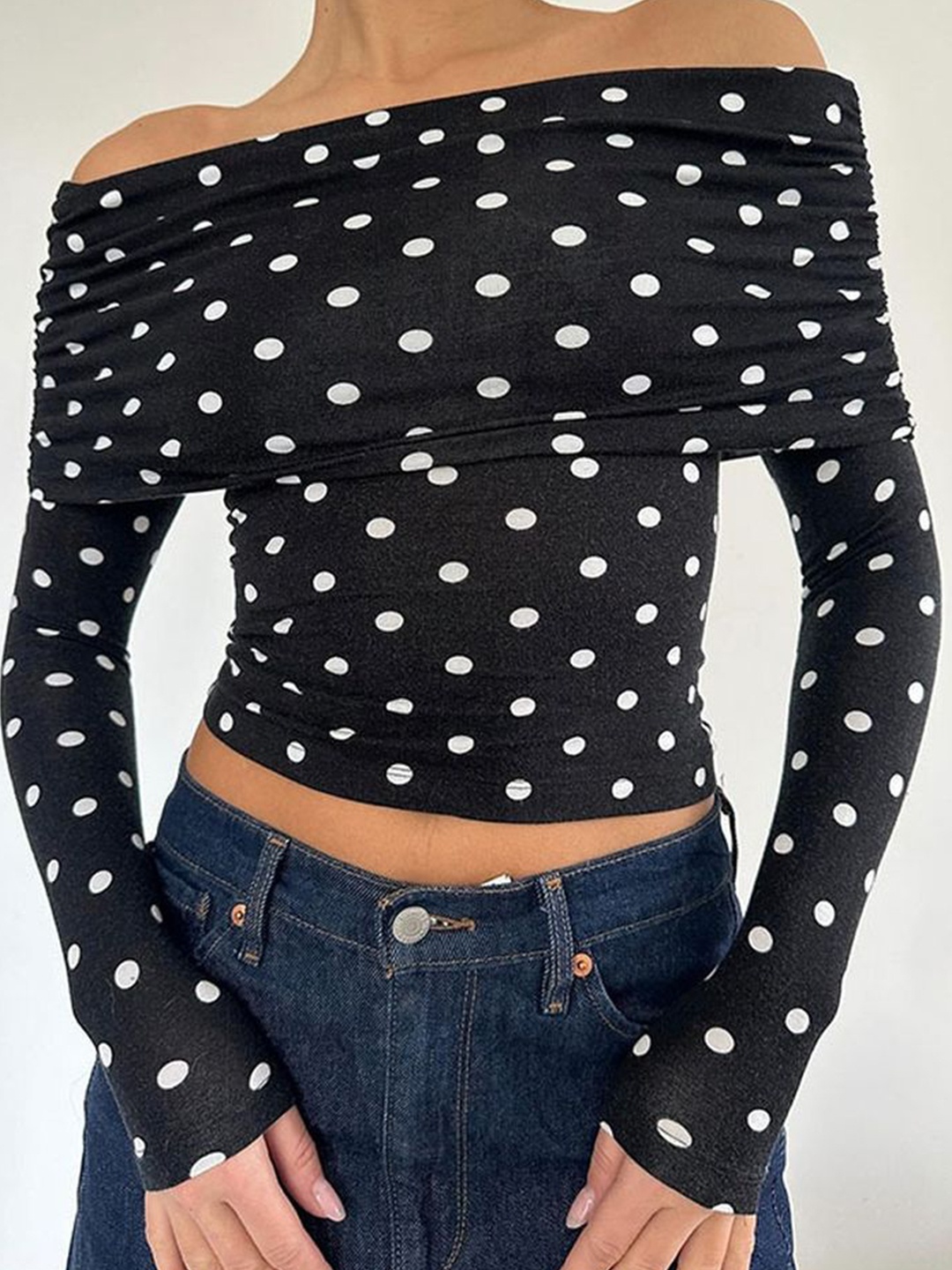 

LULU & SKY Women Polka Dot Print Off-Shoulder Bardot Top, Black