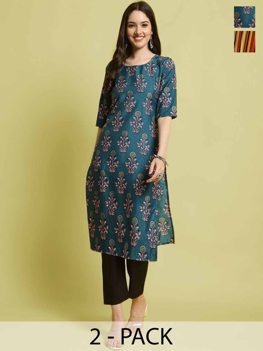 

7Threads Selection Of 2 Floral Printed Straight Kurta With Trousers, Blue