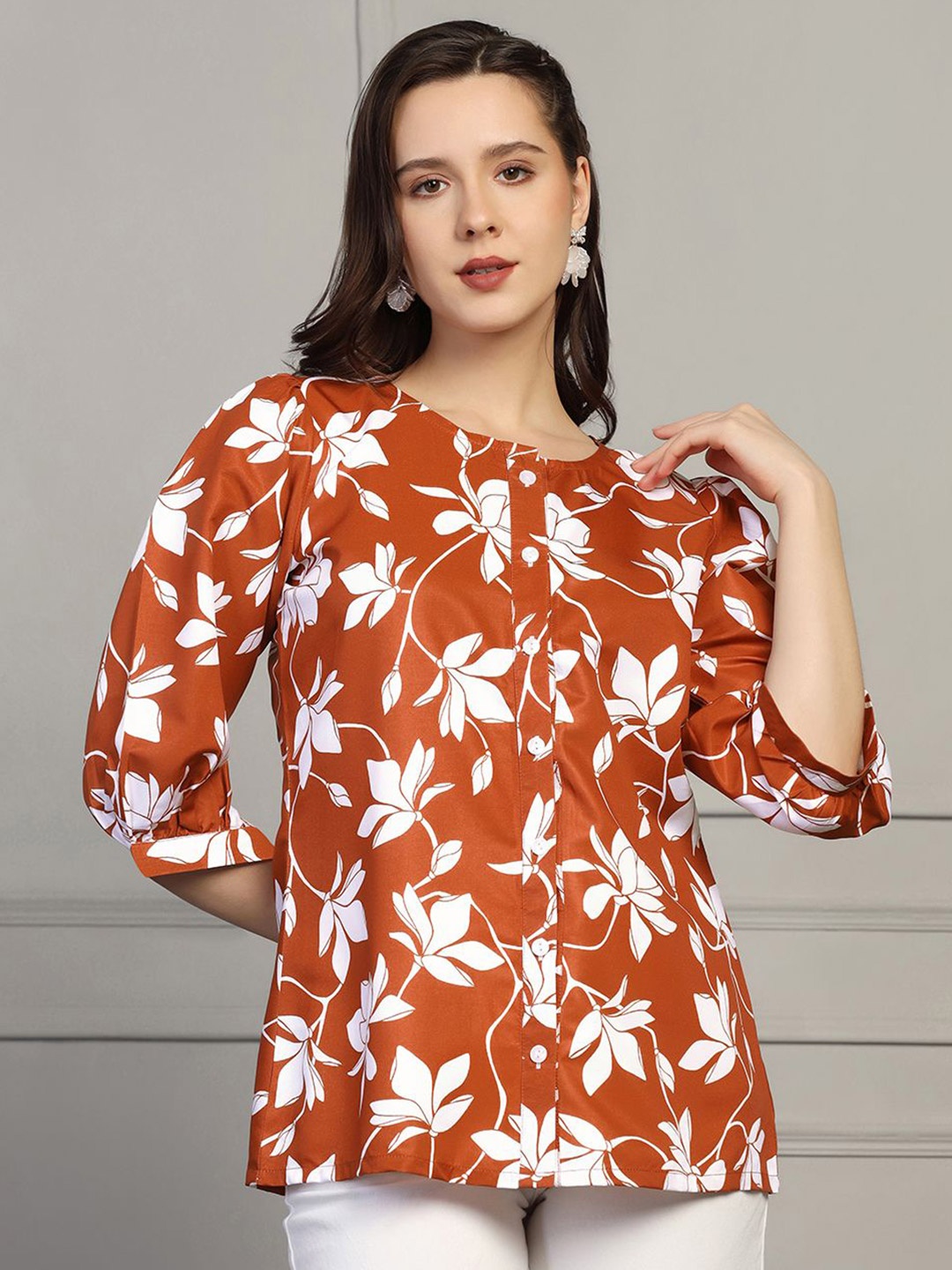 

Moda Rapido Floral Print Chiffon Top, Rust