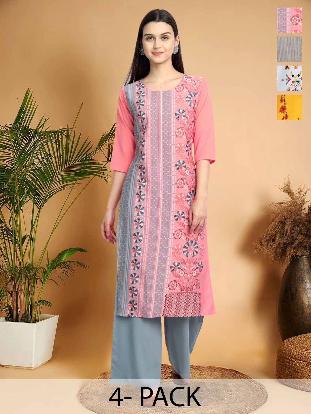 

7Threads Selection Of 4 Ethnic Motifs Printed Round Neck Straight Kurtas, Pink