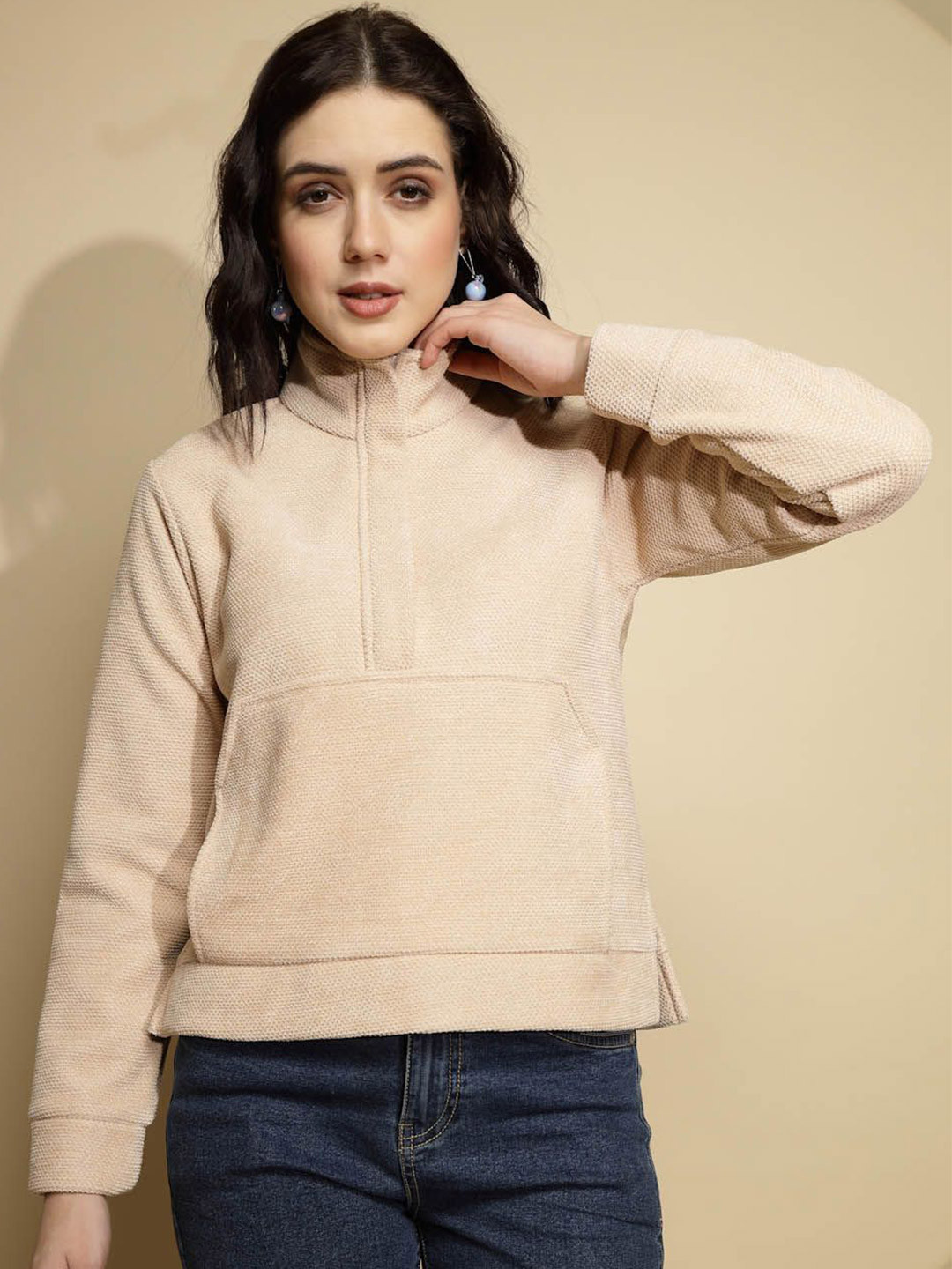 

Global Republic Women Self Design Cotton Sweatshirt, Beige