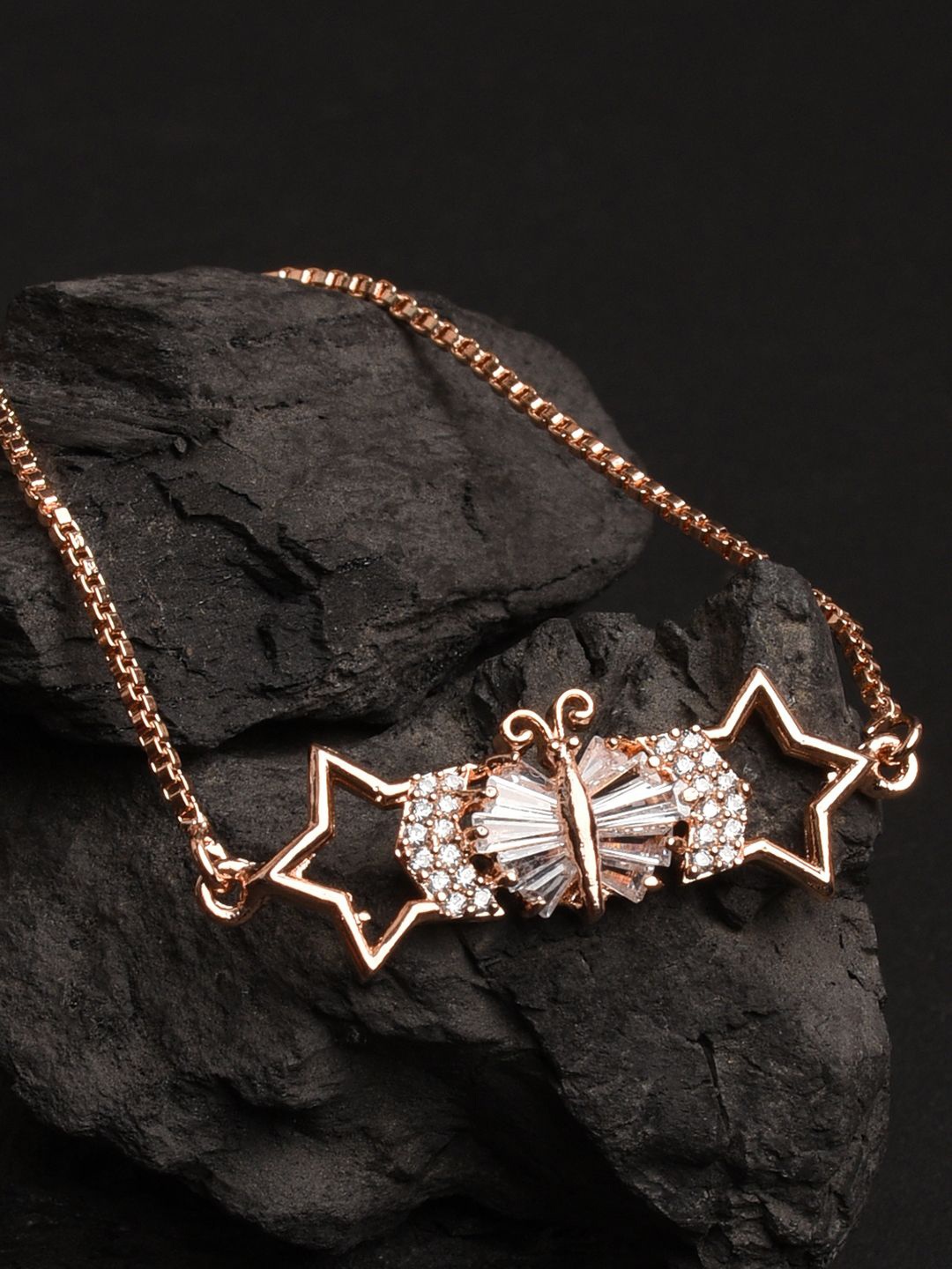 

XPNSV Rose Gold-Plated American Diamond Studded Star Shaped Charm Bracelet
