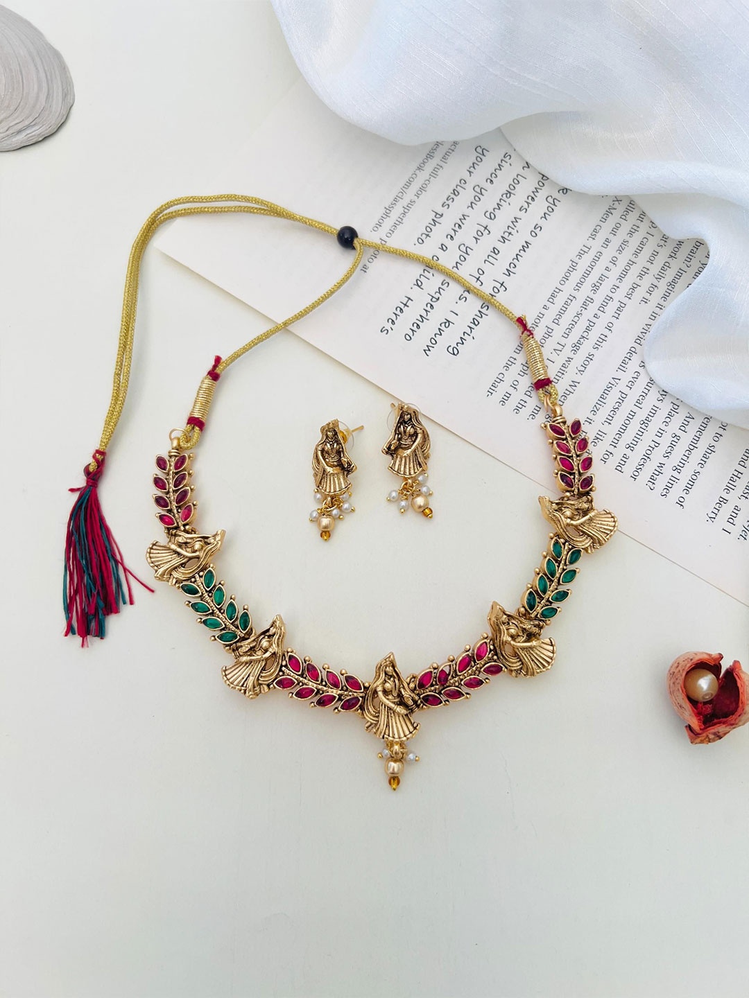 

ABDESIGNS Gold-Plated Stone-Studded & Beaded Jewellery Set