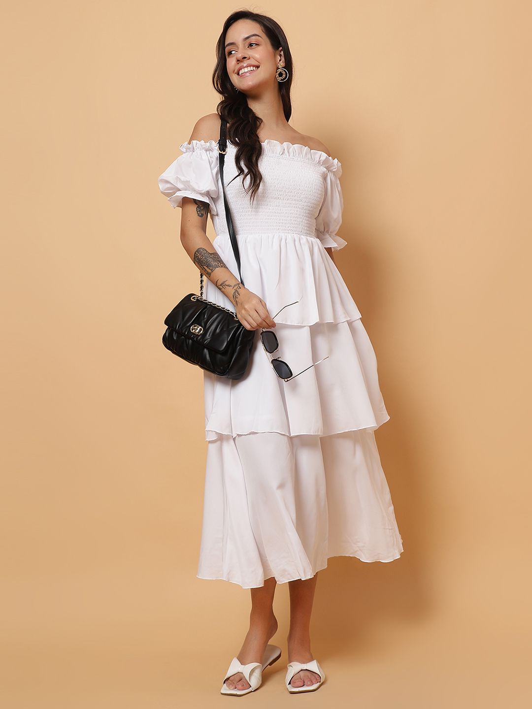 

ROSEMELON Women Off-Shoulder Bell Sleeve Crepe Fit & Flare Midi Dress, White