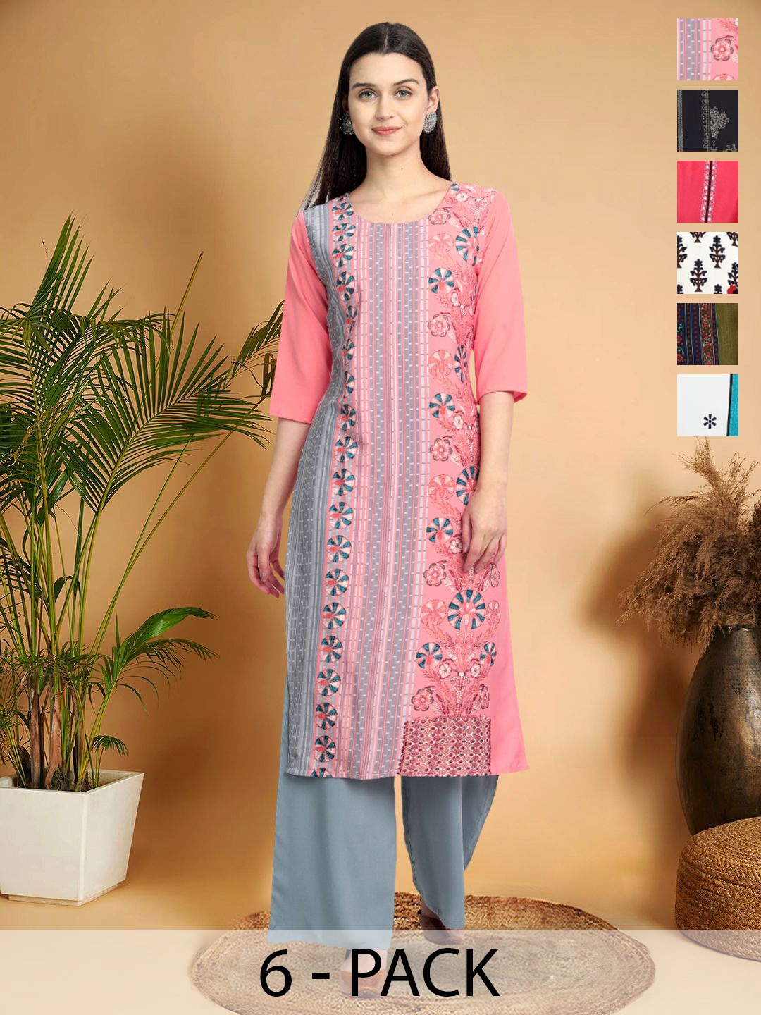 

7Threads Selection Of 6 Ethnic Motifs Printed Round Neck Kurtas, Pink