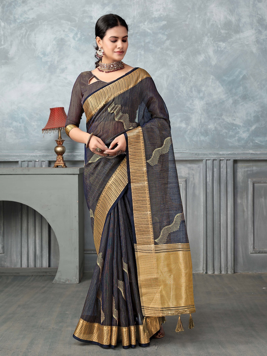 

A.V.M. SILK MILLS Ethnic Motifs Zari Tissue Saree, Grey