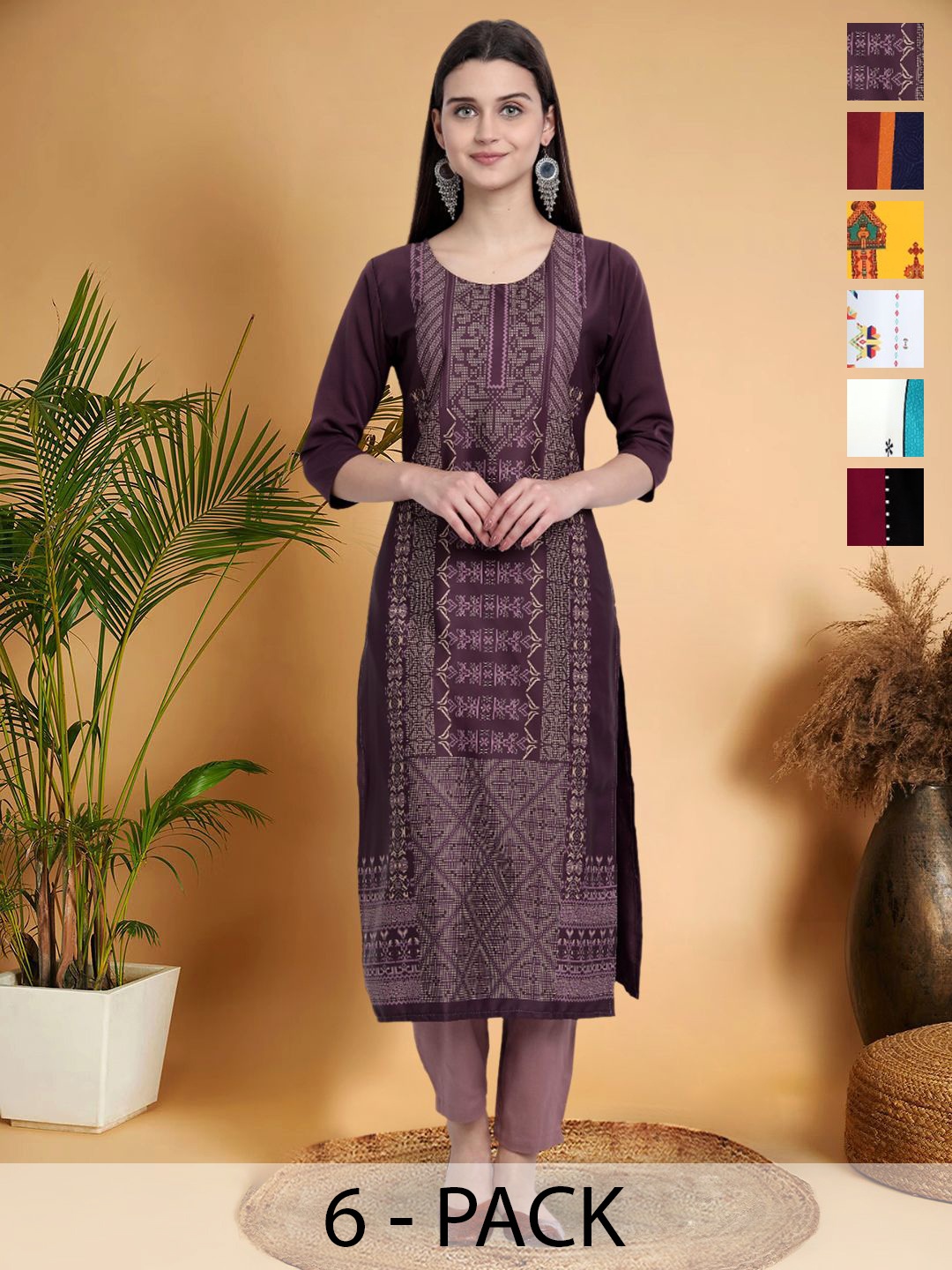

7Threads Selection Of 6 Geometric Printed Round Neck Kurtas, Purple