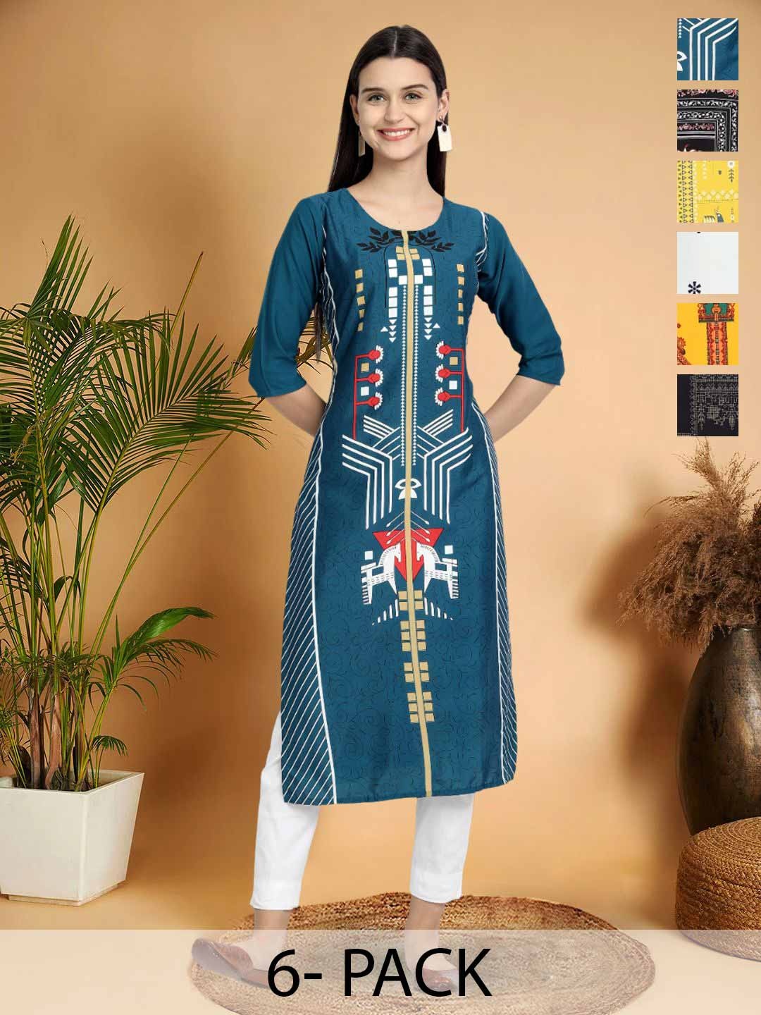 

7Threads Selection Of 6 Ethnic Motifs Printed Round Neck Straight Kurtas, Teal