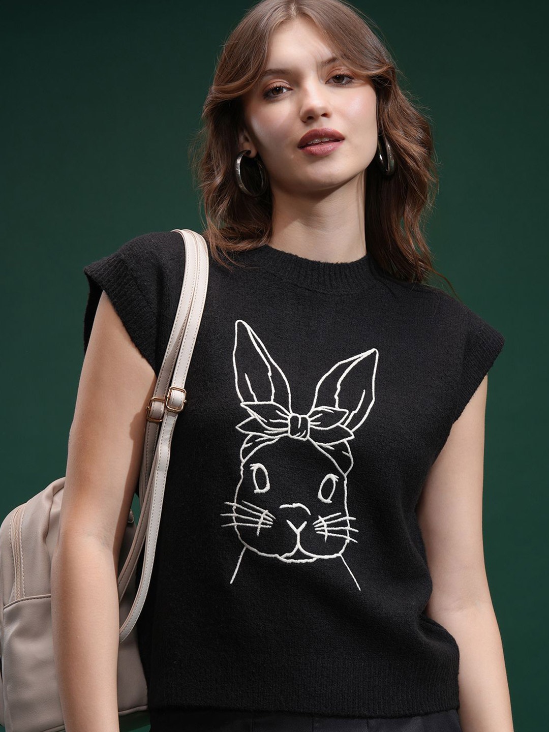 

Tokyo Talkies Women Sleeveless Round Neck Embroidered Sweater, Black