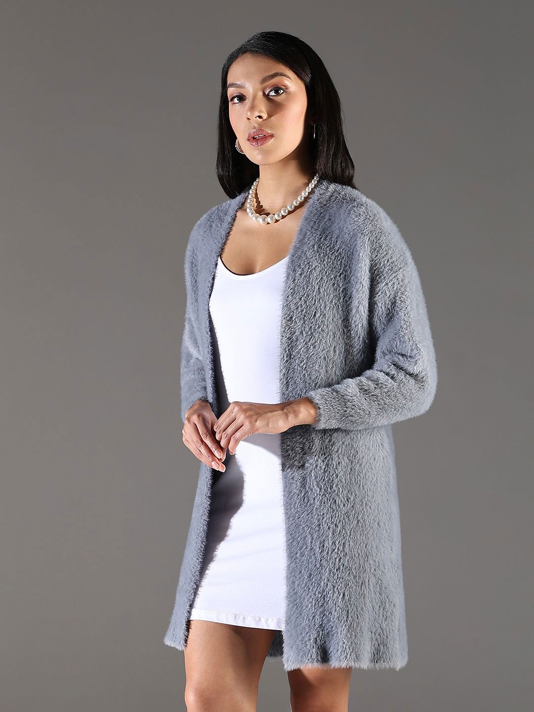 

SHOWOFF Acrylic Longline Open Front Shrug, Grey