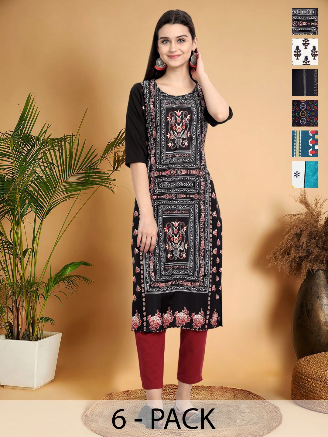 

7Threads Selection Of 6 Ethnic Motifs Printed Round Neck Kurtas, Black
