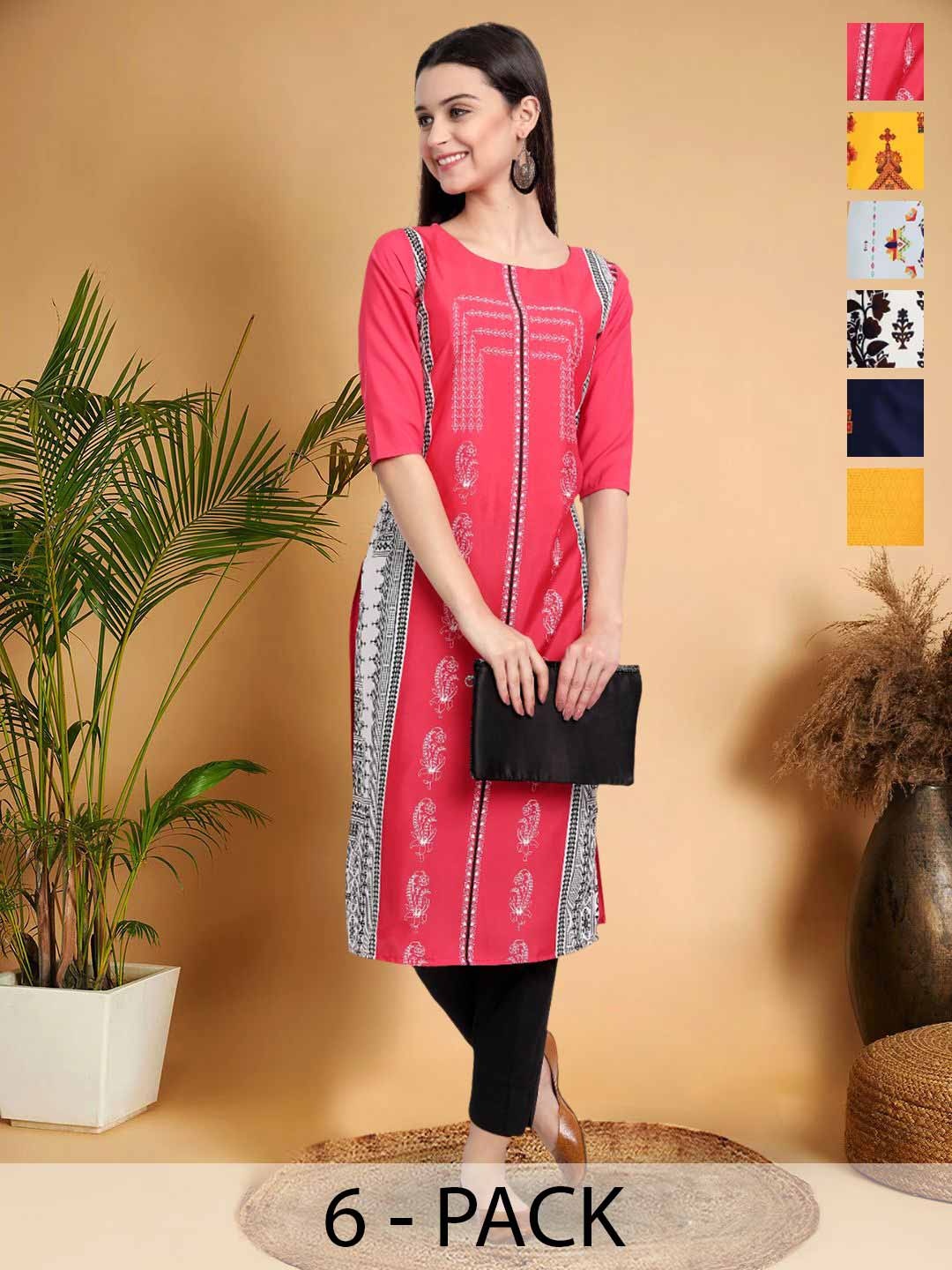 

7Threads Selection Of 6 Ethnic Motifs Printed Round Neck Straight Kurtas, Peach