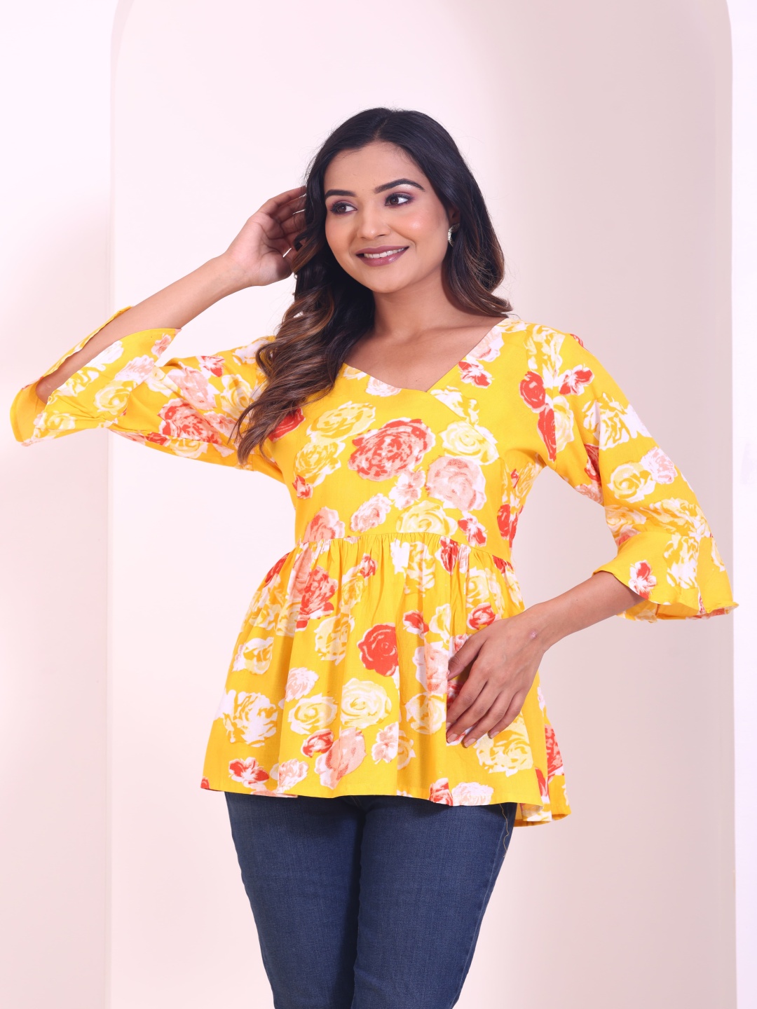 

Sa Rasa Floral Printed V-Neck Bell Sleeves Empire Top, Yellow