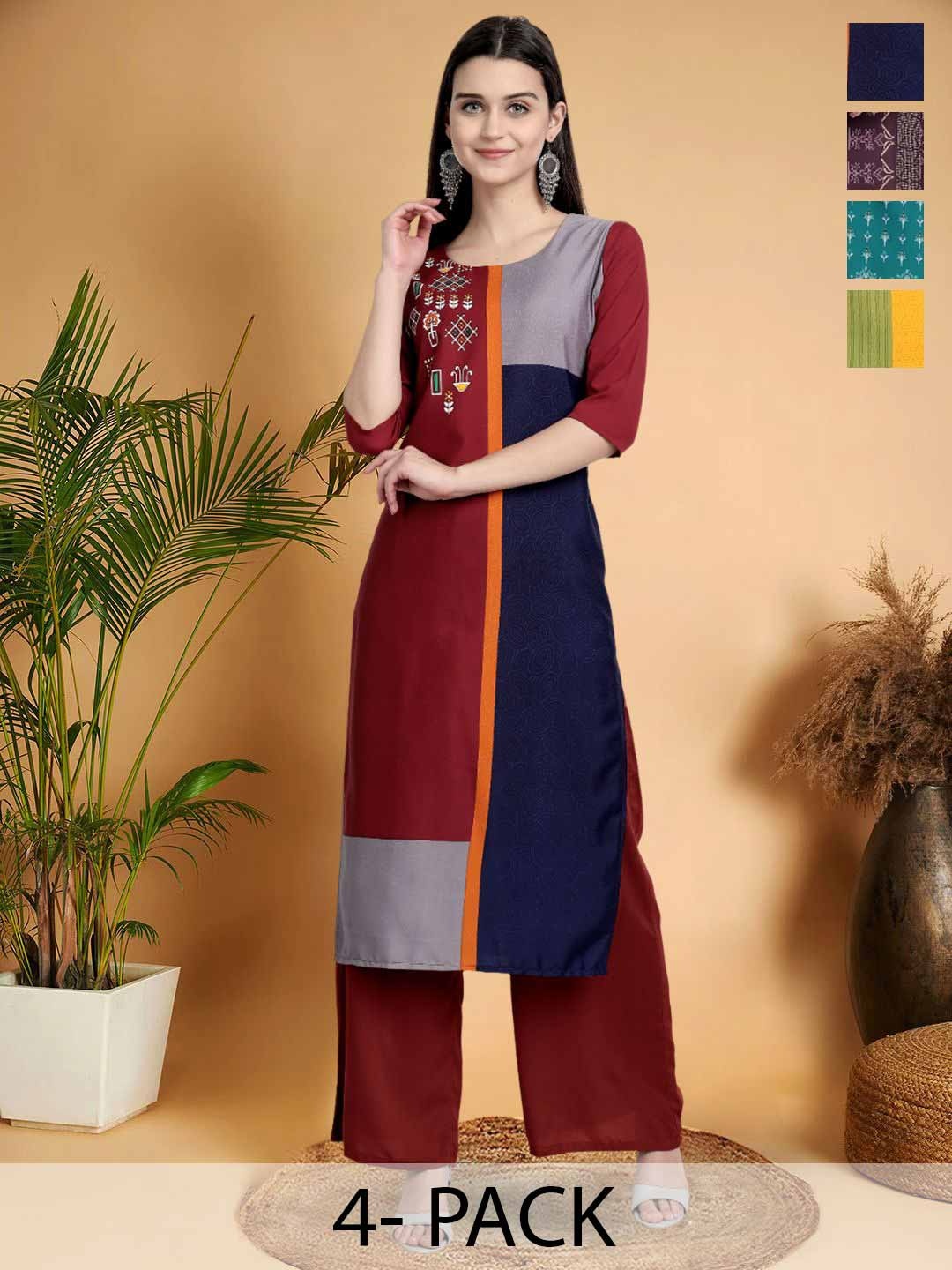 

7Threads Selection of 4 Ethnic Motifs Printed Round Neck Straight Kurta, Maroon