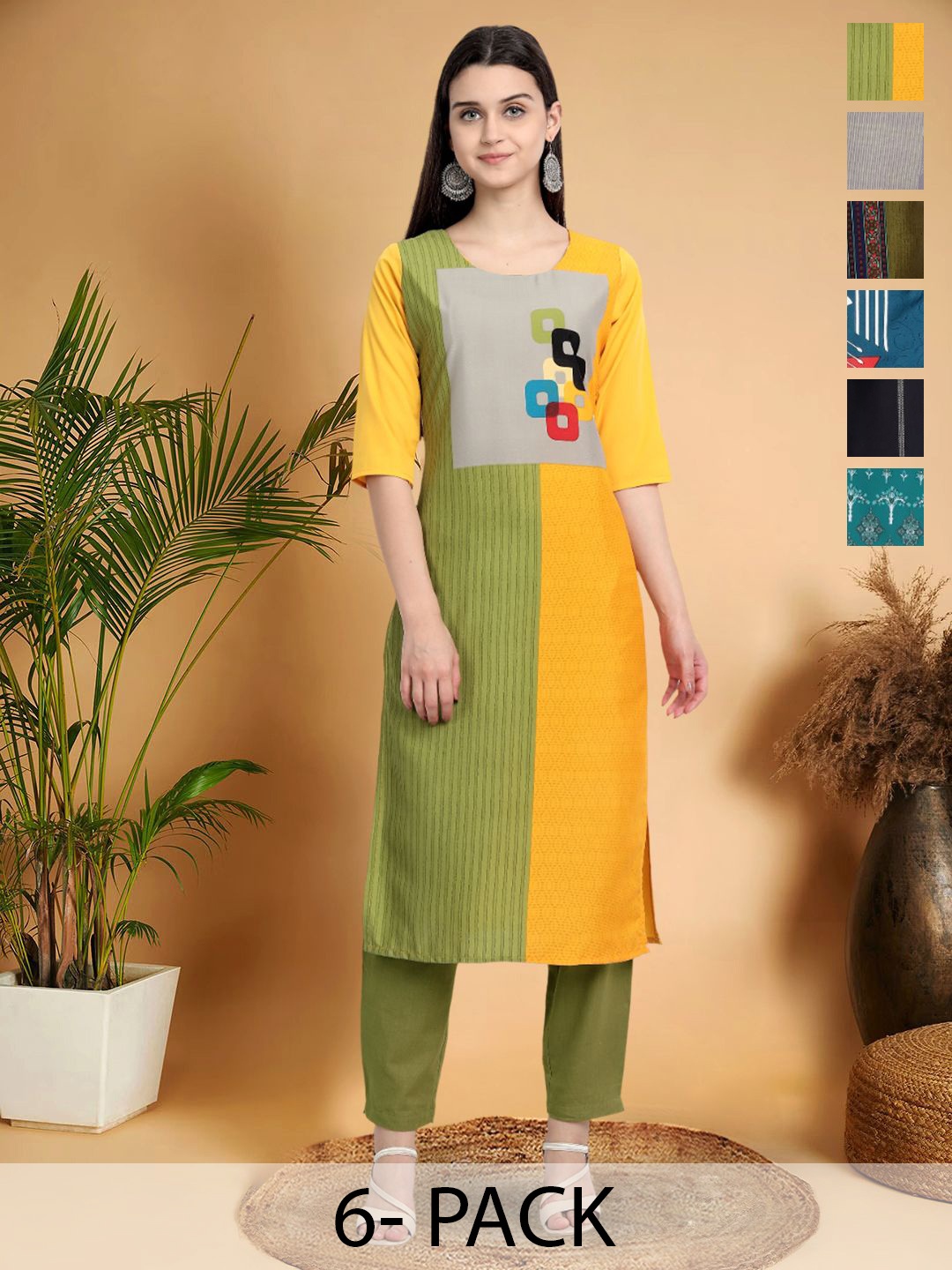 

7Threads Selection Of 6 Ethnic Motifs Printed Round Neck Straight Kurtas, Yellow