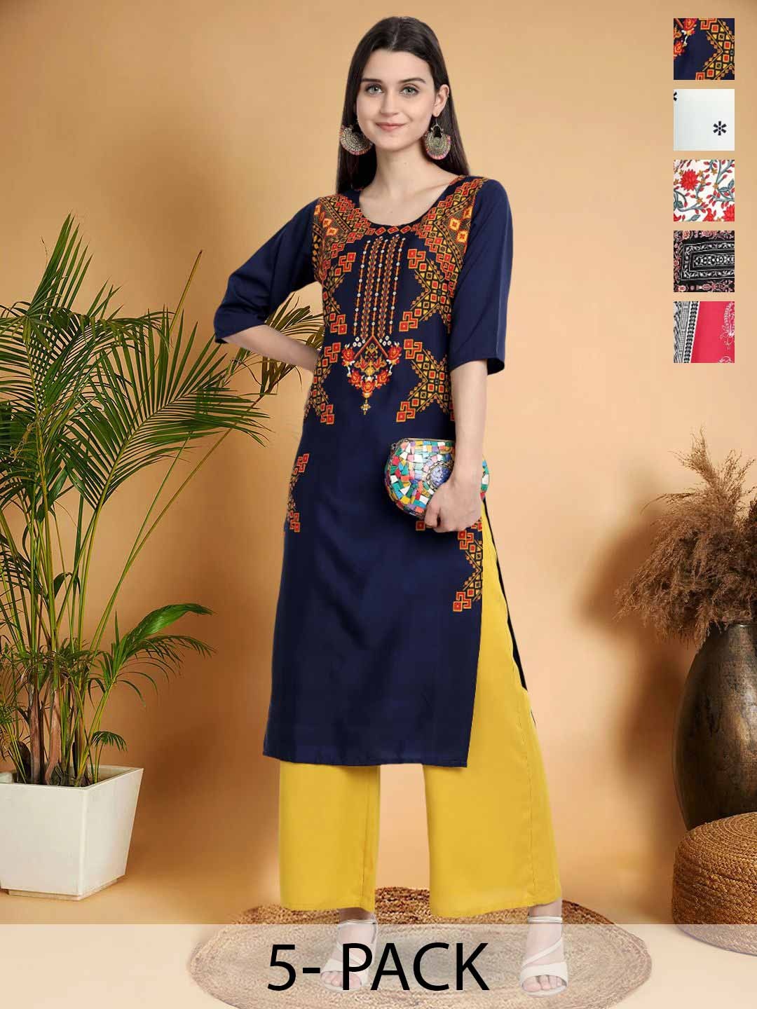 

7Threads Selection Of 5 Ethnic Motifs Printed Round Neck Straight Kurtas, Blue