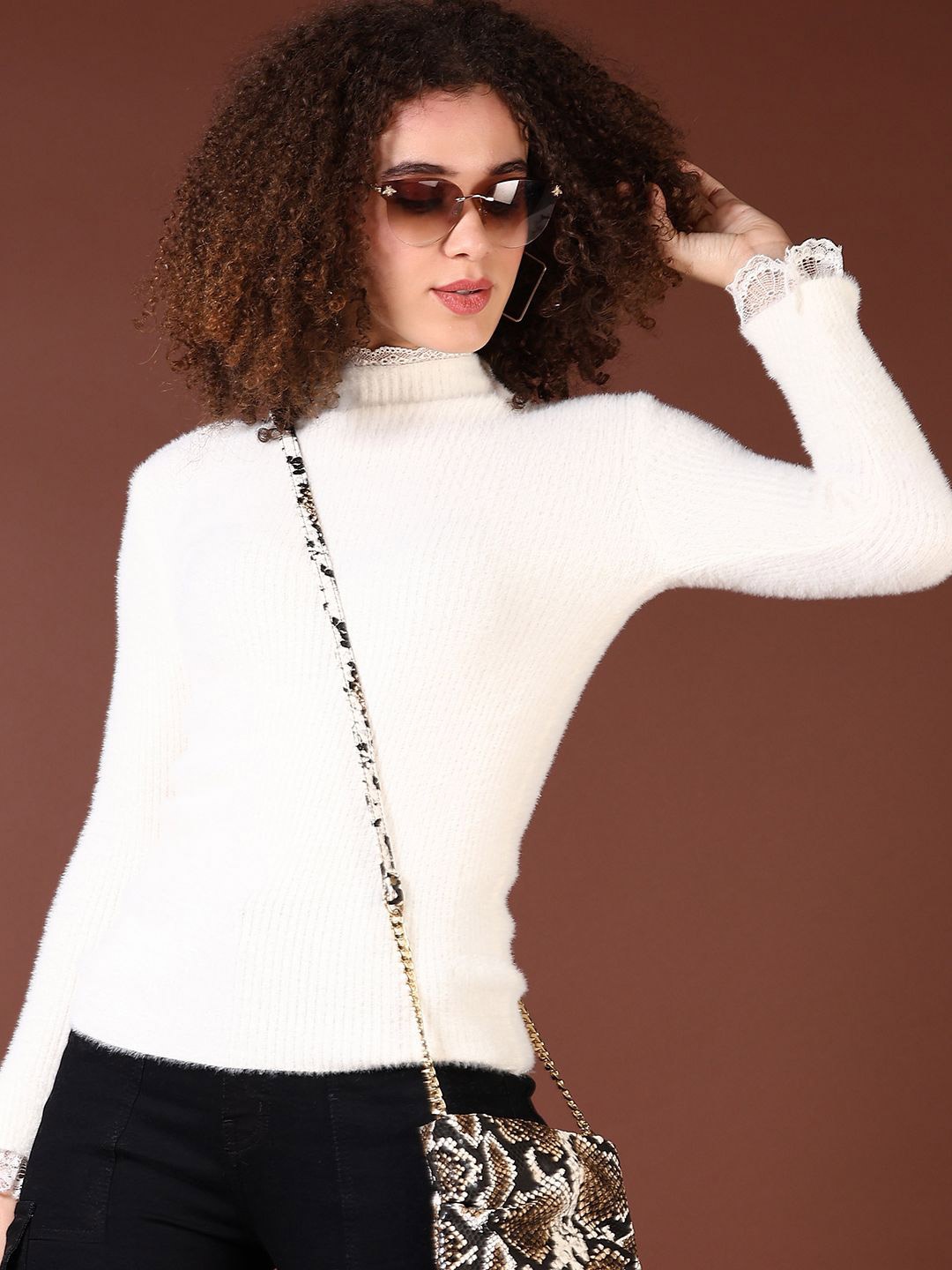 

V-Mart Women Ribbed Pullover with Lace Detail, White