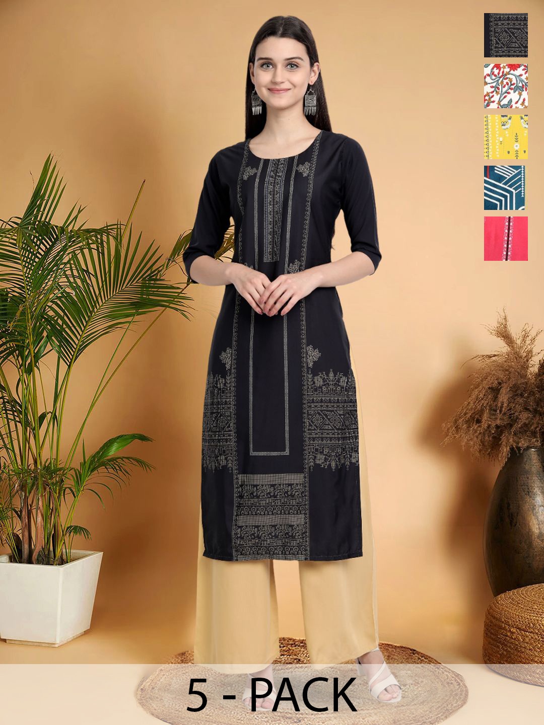 

7Threads Selection Of 5 Ethnic Motifs Printed Round Neck Straight Kurtas, Black