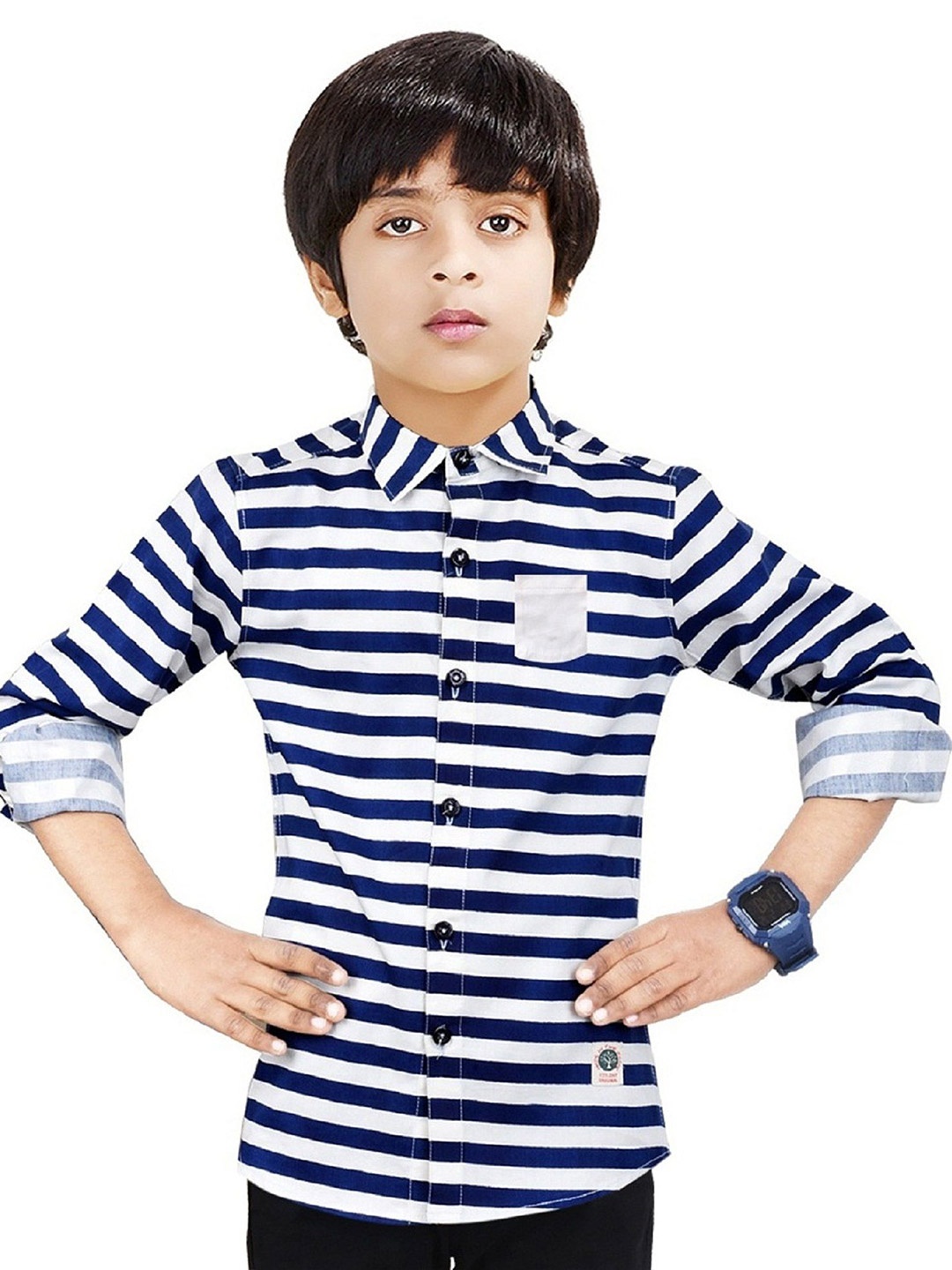 

MADE IN THE SHADE Boys Spread Collar Horizontal Striped Cotton Casual Shirt, Navy blue