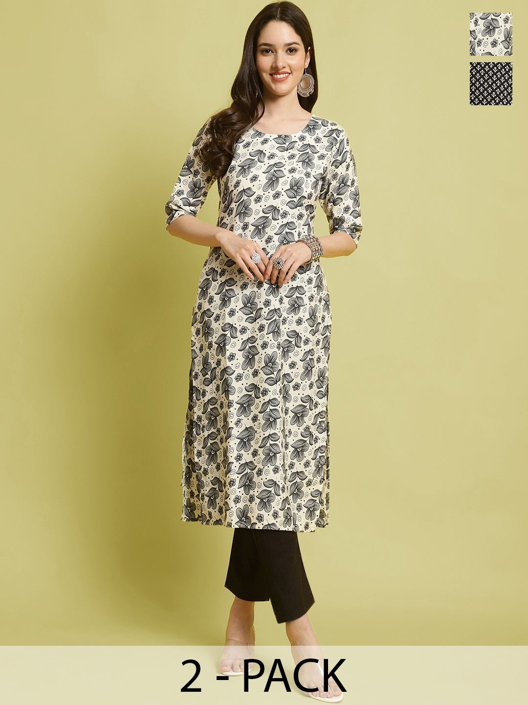 

7Threads Selection Of 2 Floral Printed Round Neck Straight Kurta With Trousers, Off white