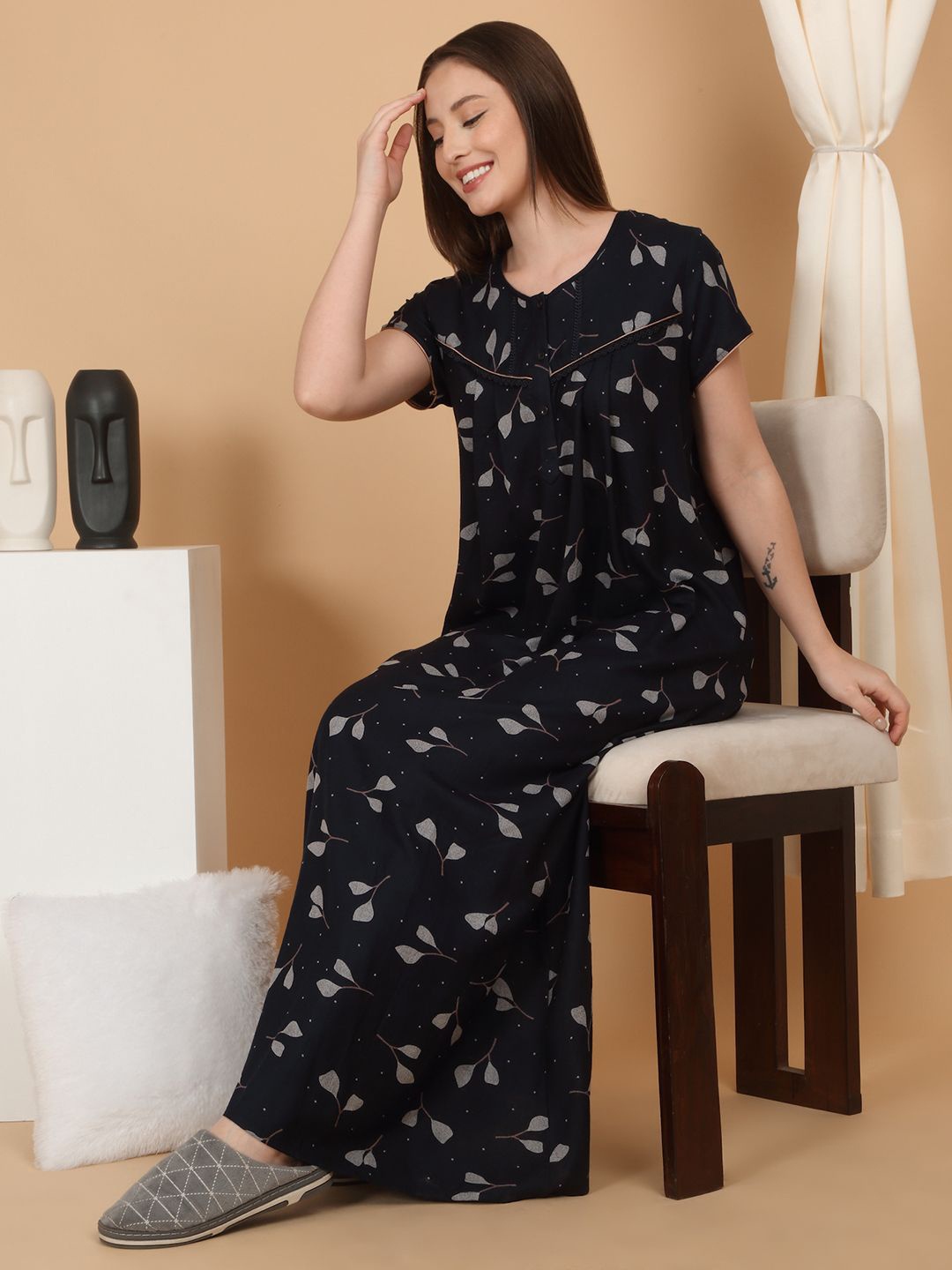 

SAANJ Women Pure Cotton Printed Maxi Nightdress, Black