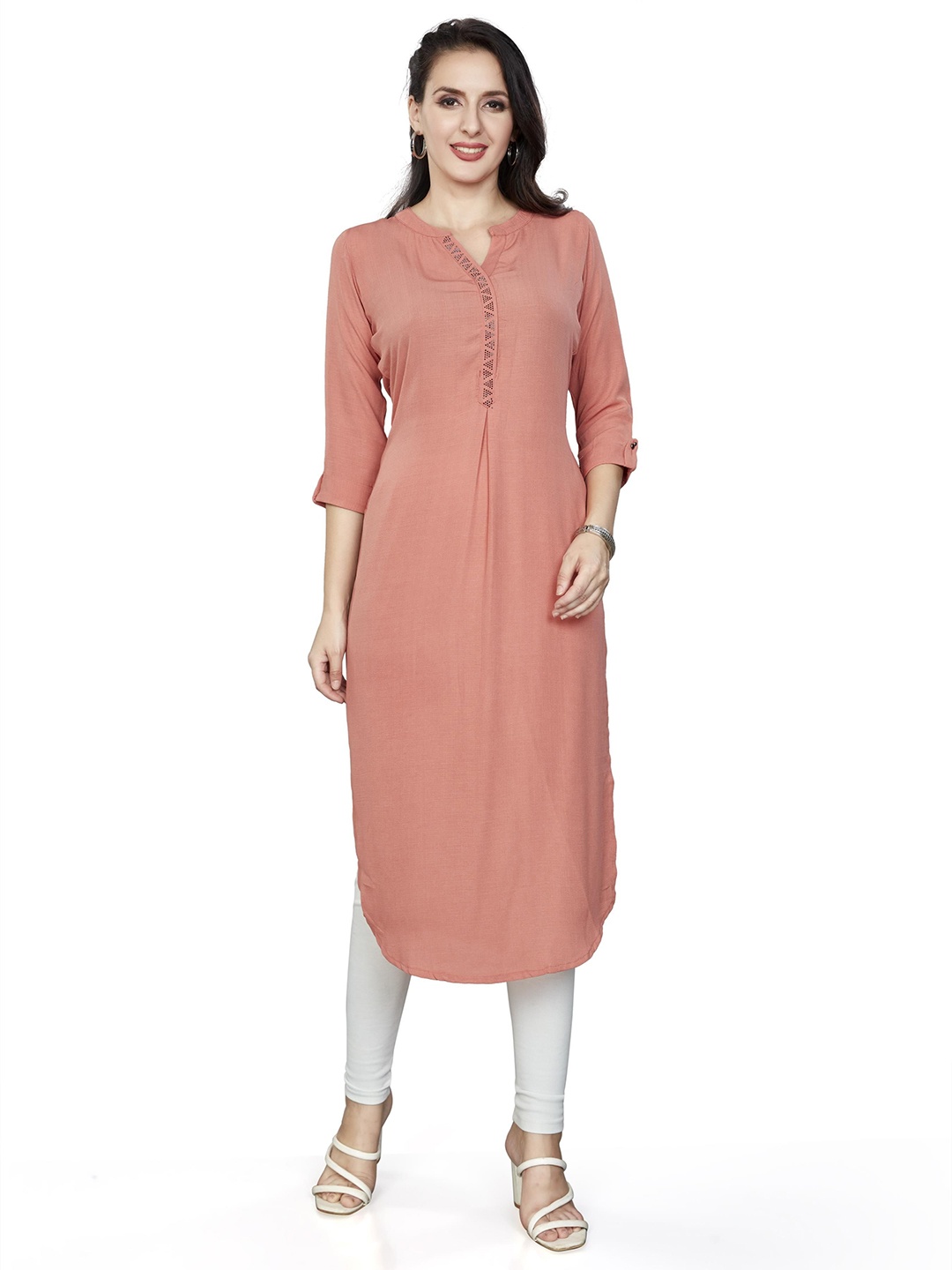 

Nioni Women Mandarin Collar Cuff Sleeves Crepe Kurta, Peach