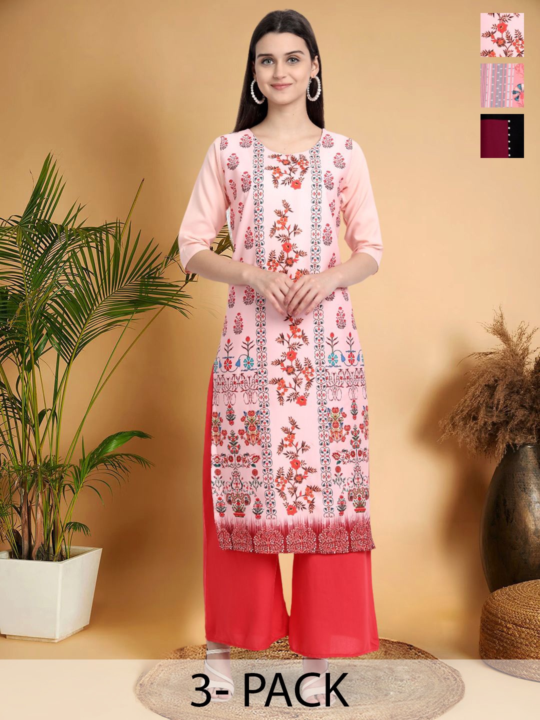 

7Threads Selection Of 3 Floral Printed Round Neck Straight Kurtas, Pink
