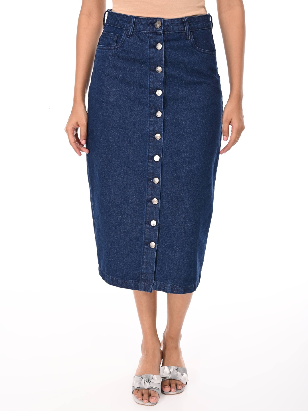 

URBAN POCHE Pure Cotton A-line Midi Skirt, Blue