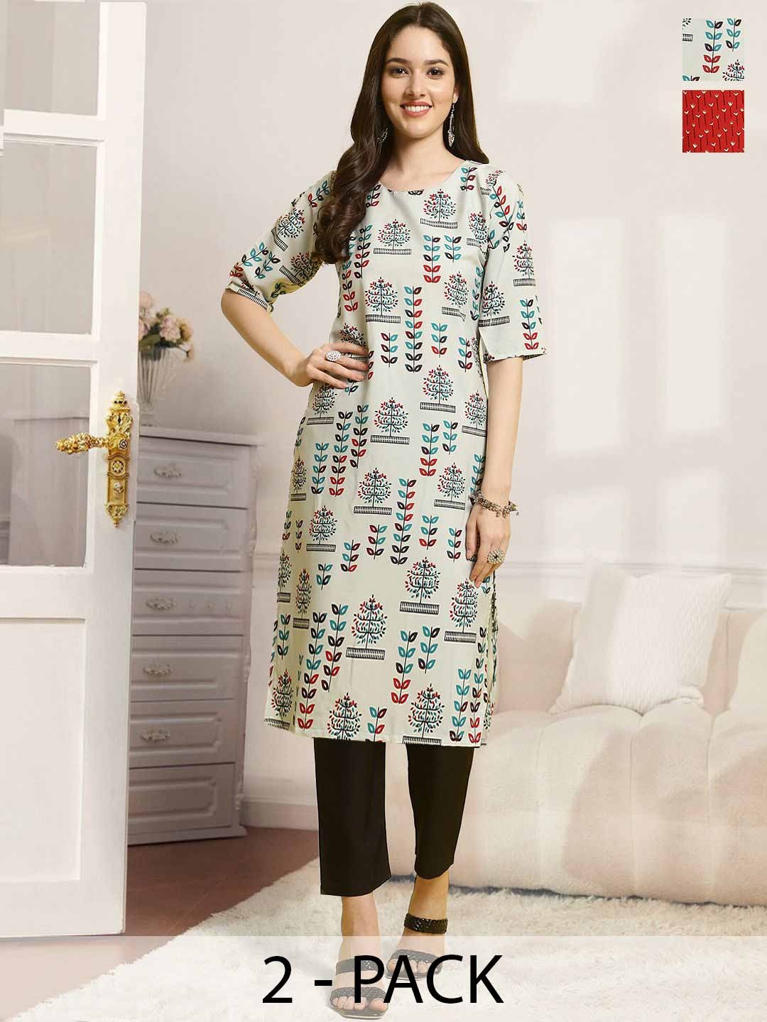 

7Threads Selection Of 2 Ethnic Motifs Printed Round Neck Straight Kurtas With Trousers, Red