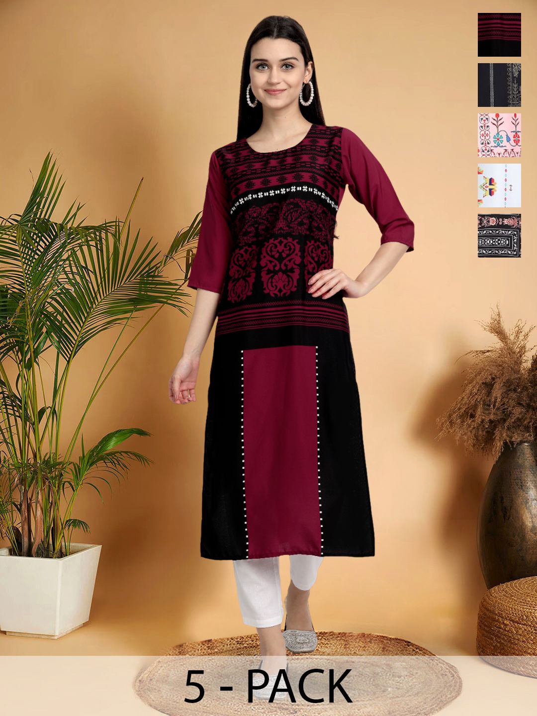 

7Threads Selection Of 5 Ethnic Motifs Printed Round Neck Straight Kurtas, Red