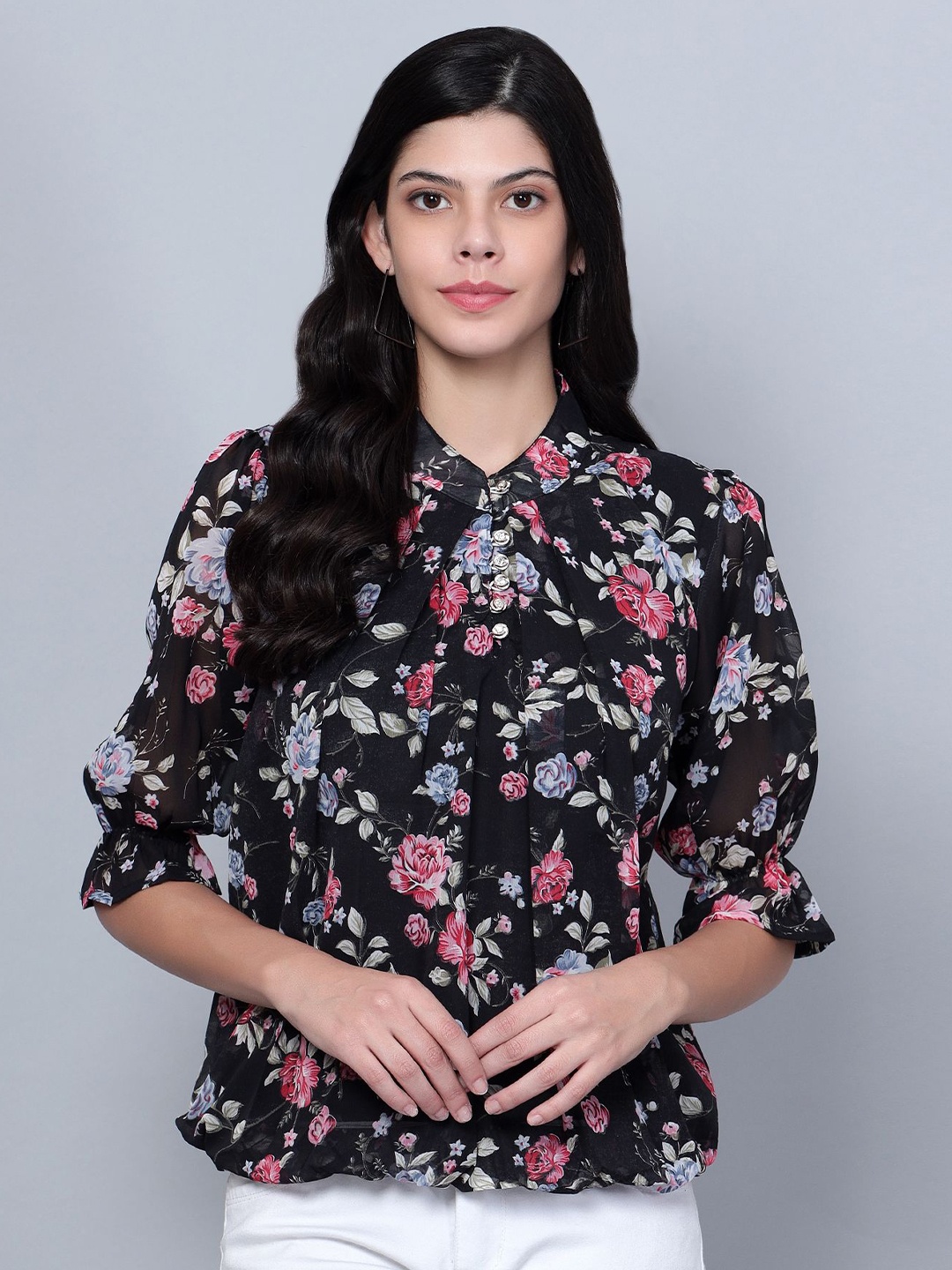 

Moda Rapido Georgette Puff Sleeves Top, Black
