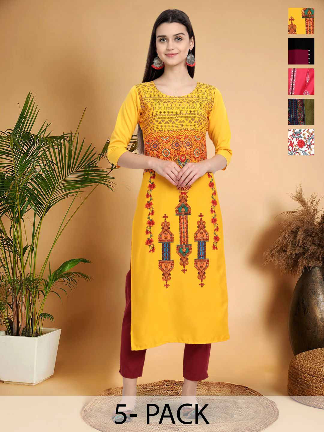 

7Threads Selection Of 5 Ethnic Printed Round Neck Straight Kurtas, Yellow