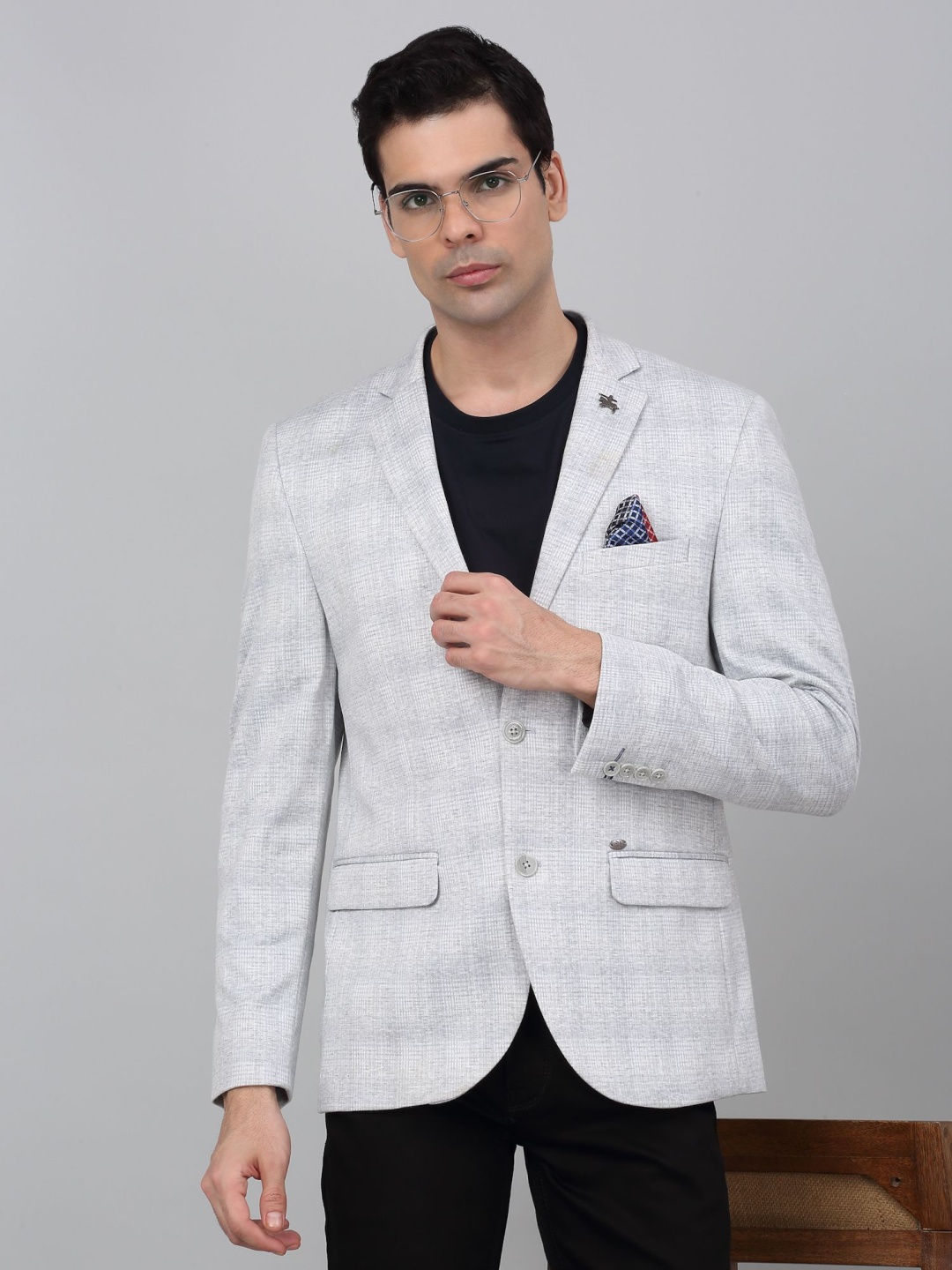 

Cantabil Checked Notched Lapel Single Breasted Blazer, Grey