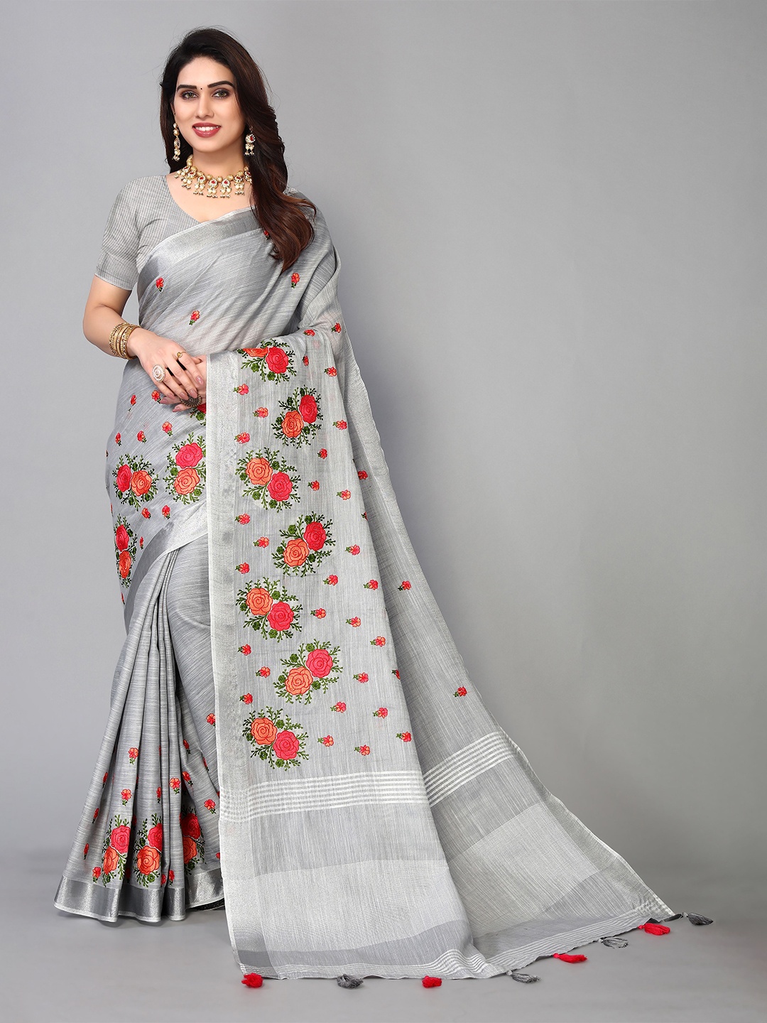 

A.V.M. SILK MILLS Ethnic Motifs Zari Pure Cotton Saree, Grey