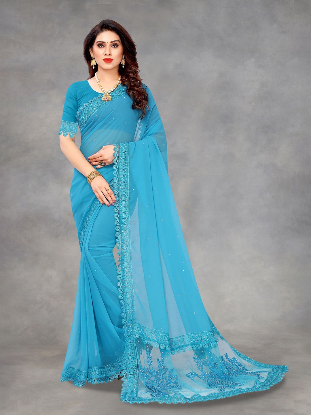 

A TO Z CART Embellished Embroidered Pure Georgette Saree, Turquoise blue