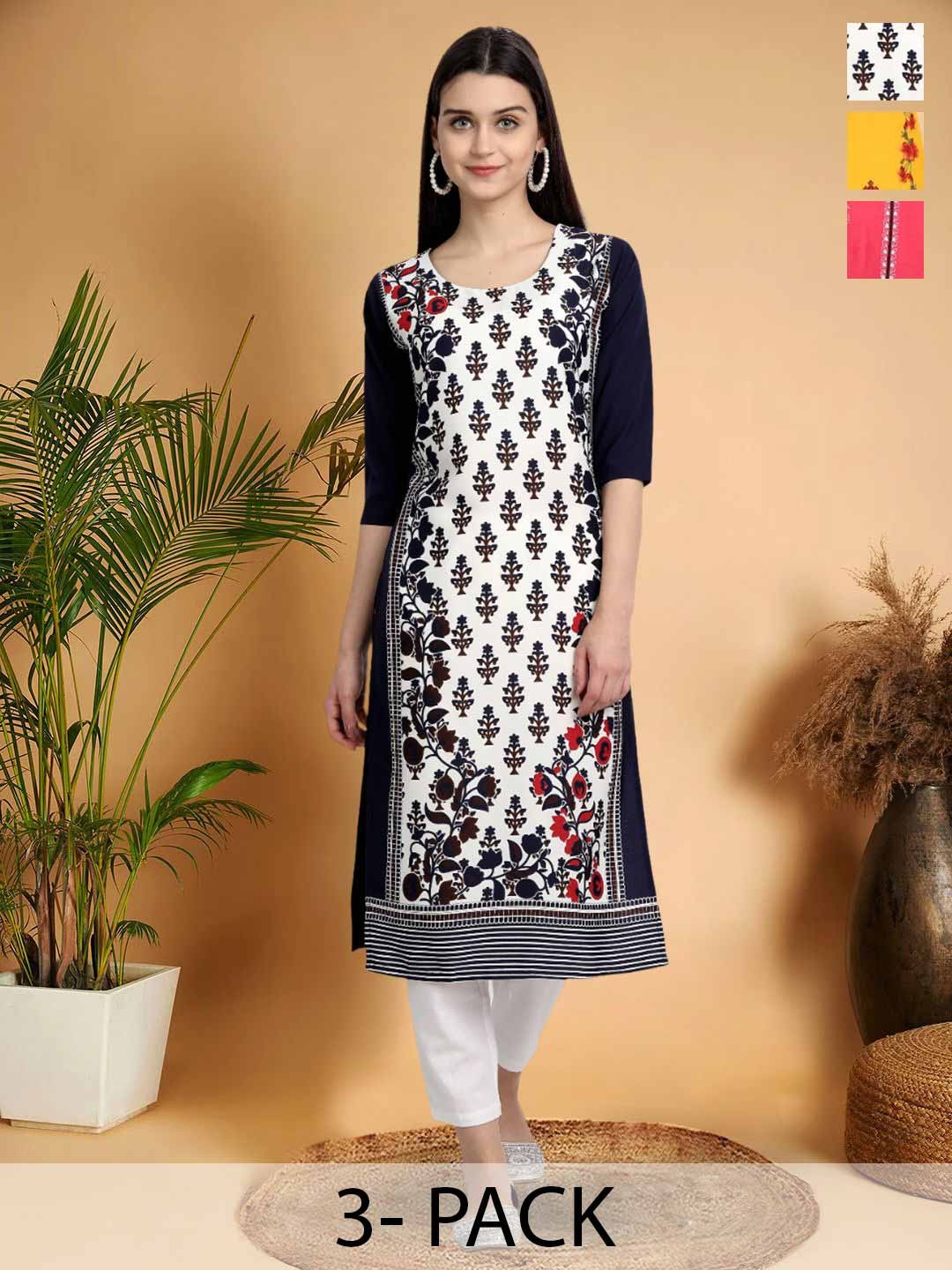 

7Threads Selection Of 3 Floral Printed Round Neck Straight Kurtas, Black