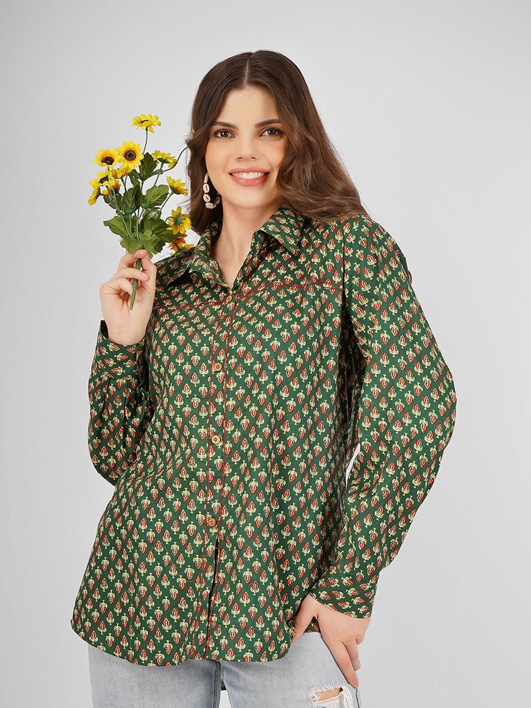 

UNLOKALE Floral Print Roll-Up Sleeves Cotton Shirt Style Top, Green