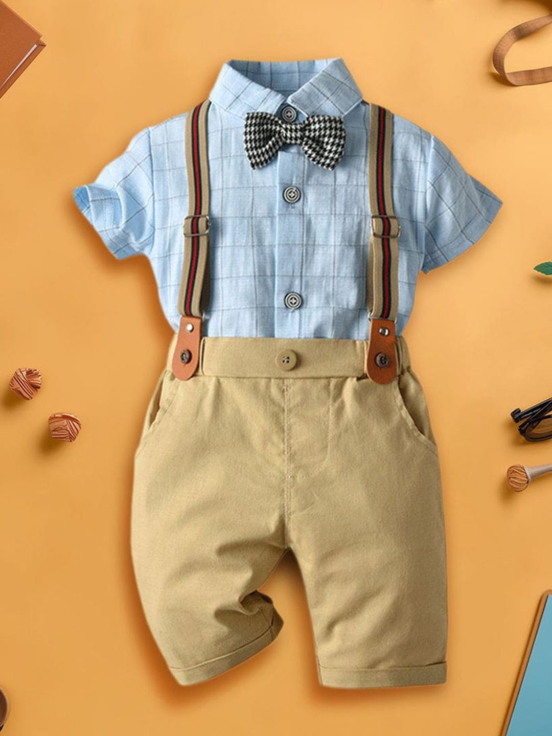 

INCLUD Boys Checked Shirt With Trousers And Suspenders, Blue