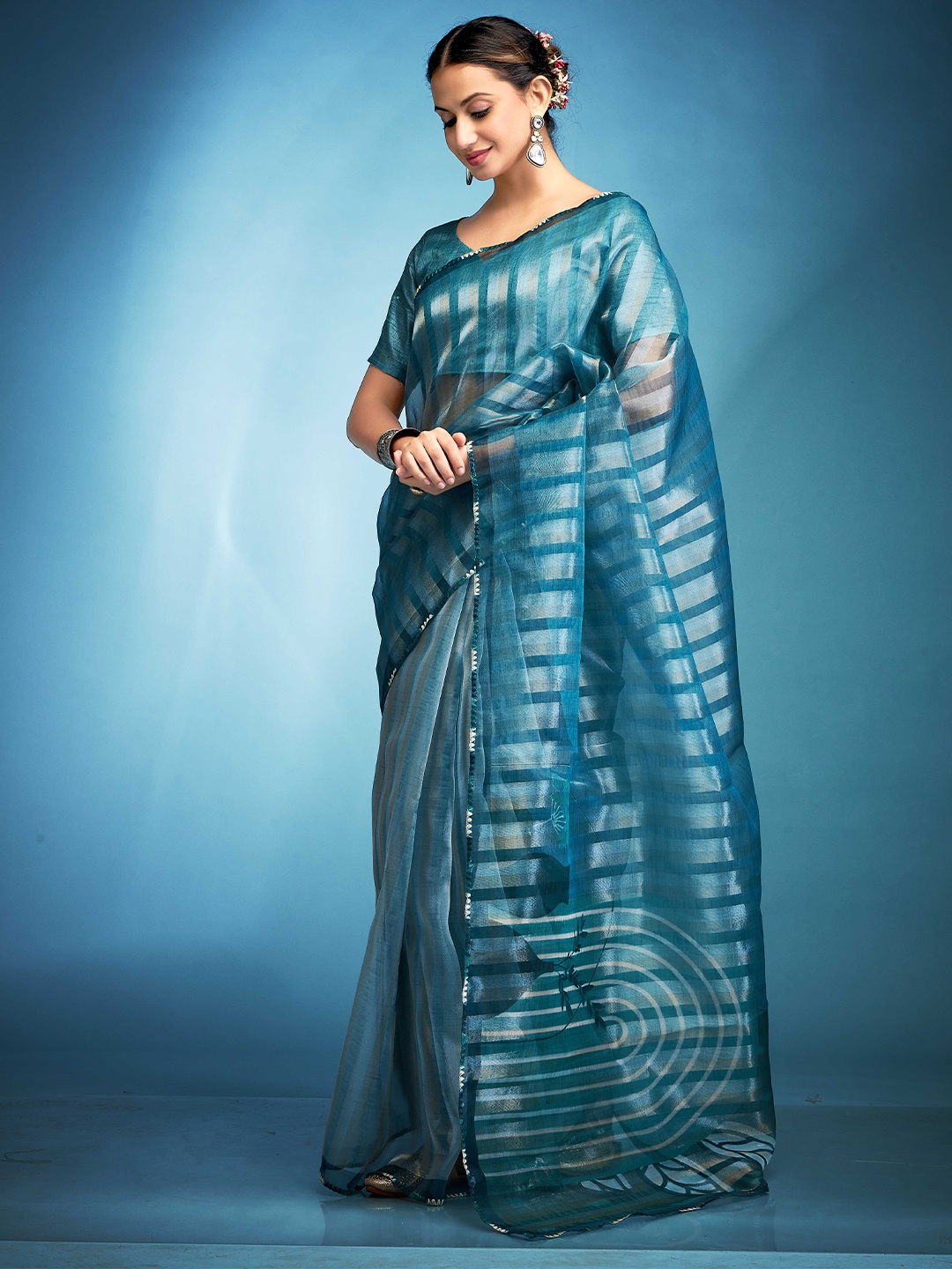 

DEVATITHI Woven Design Gotta Patti Tissue Saree, Blue