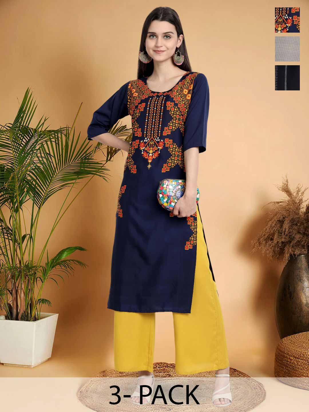 

7Threads Selection Of 3 Ethnic Motifs Printed Round Neck Straight Kurtas, Navy blue