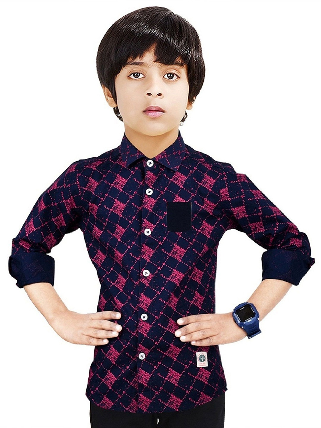 

MADE IN THE SHADE Boys Spread Collar Geometric Printed Cotton Casual Shirt, Navy blue