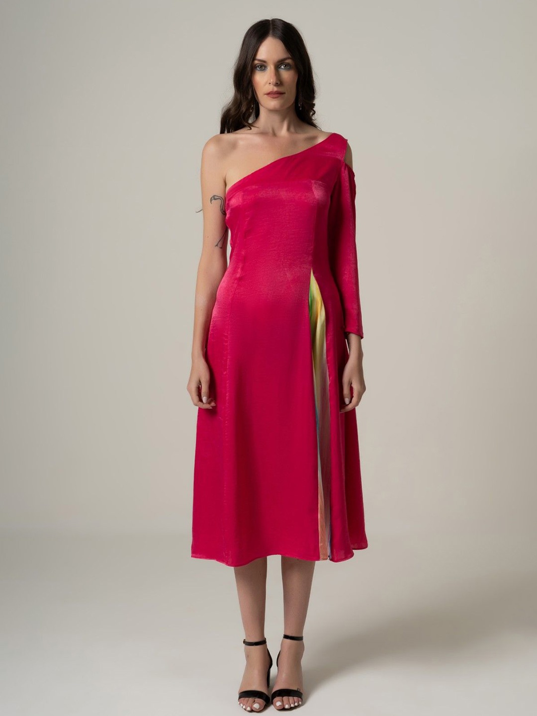 

CHALSI & CYRUS Off-Shoulder Satin A-Line Midi Dress, Pink