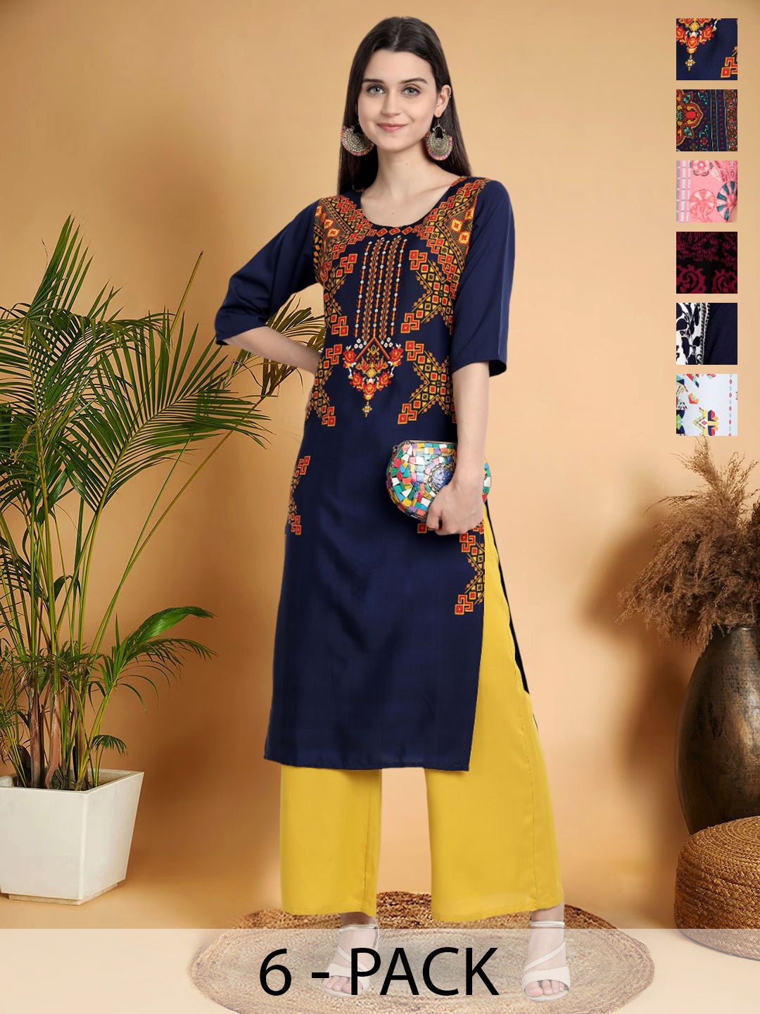 

7Threads Selection Of 6 Ethnic Motifs Printed Round Neck Straight Kurtas, Navy blue