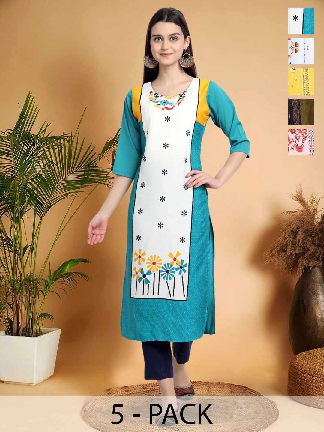 

7Threads Selection Of 5 Floral Printed Round Neck Straight Kurtas, Blue