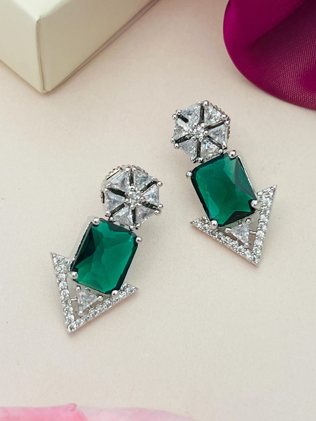 

ABDESIGNS Silver-Plated Classic American Diamond Studded Drop Earrings