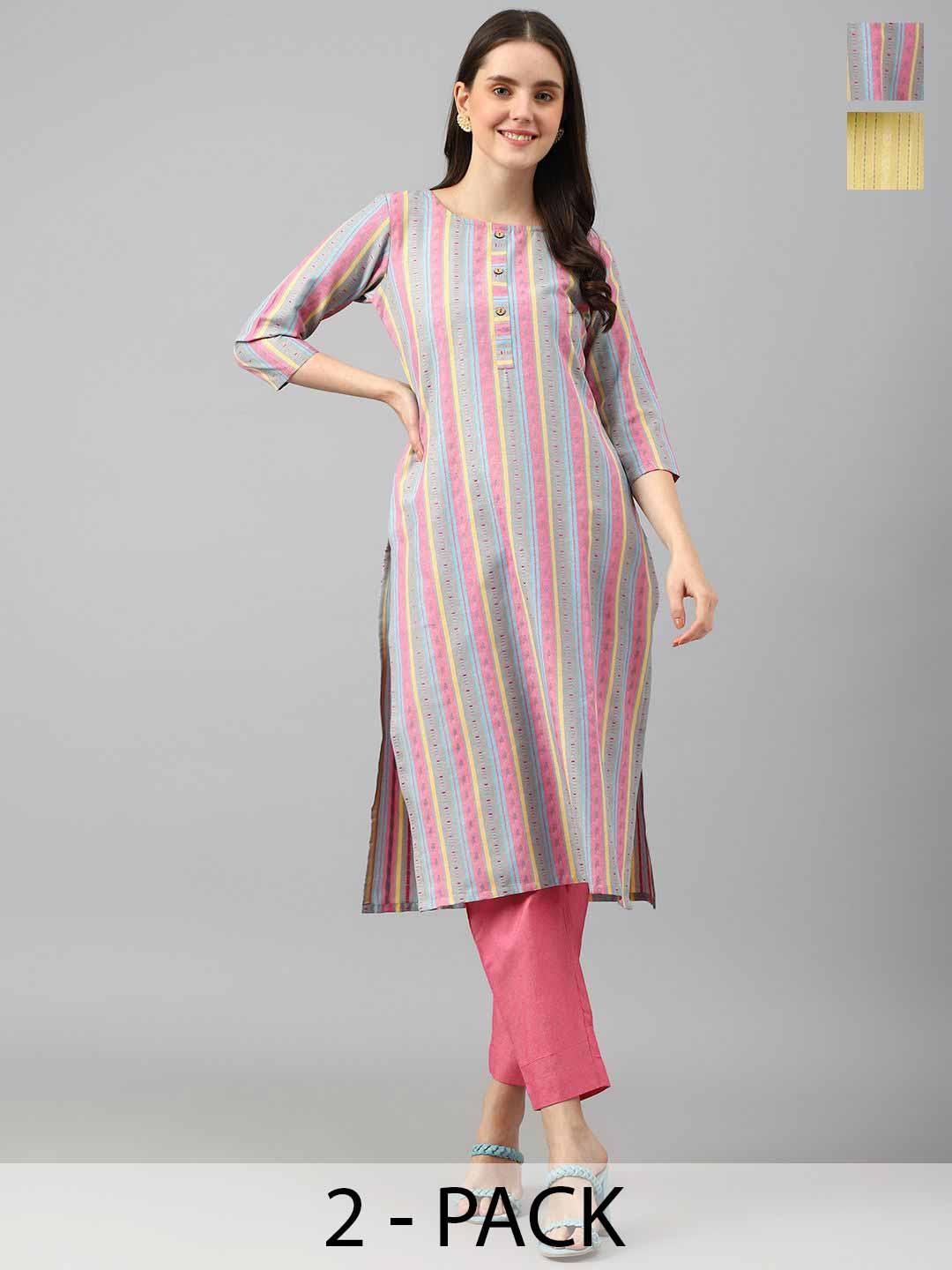 

KALINI Selection Of 2 Striped Printed Kurtas With Trousers, Grey