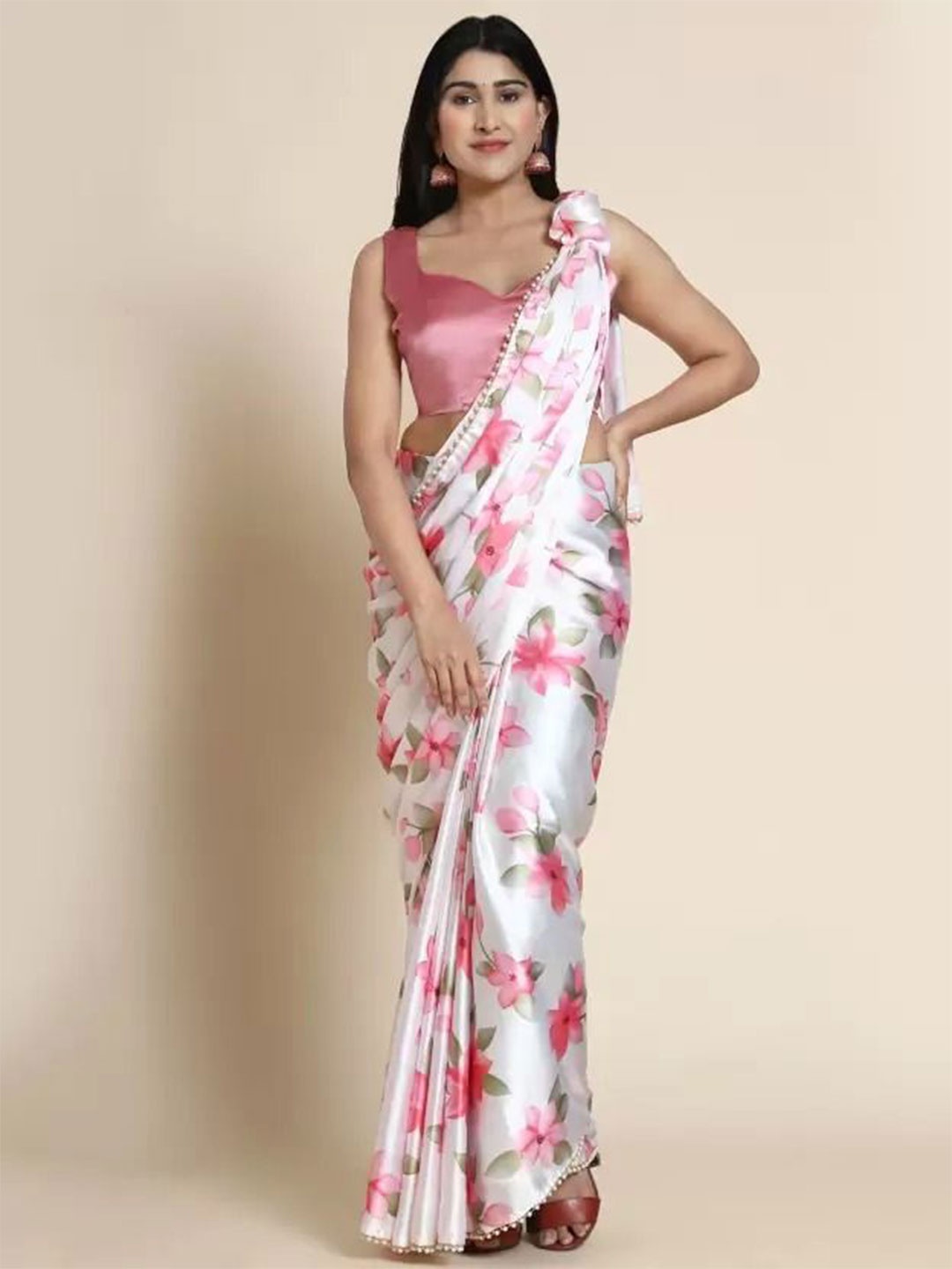 

SAADHVI Floral Beads and Stones Satin Saree, White